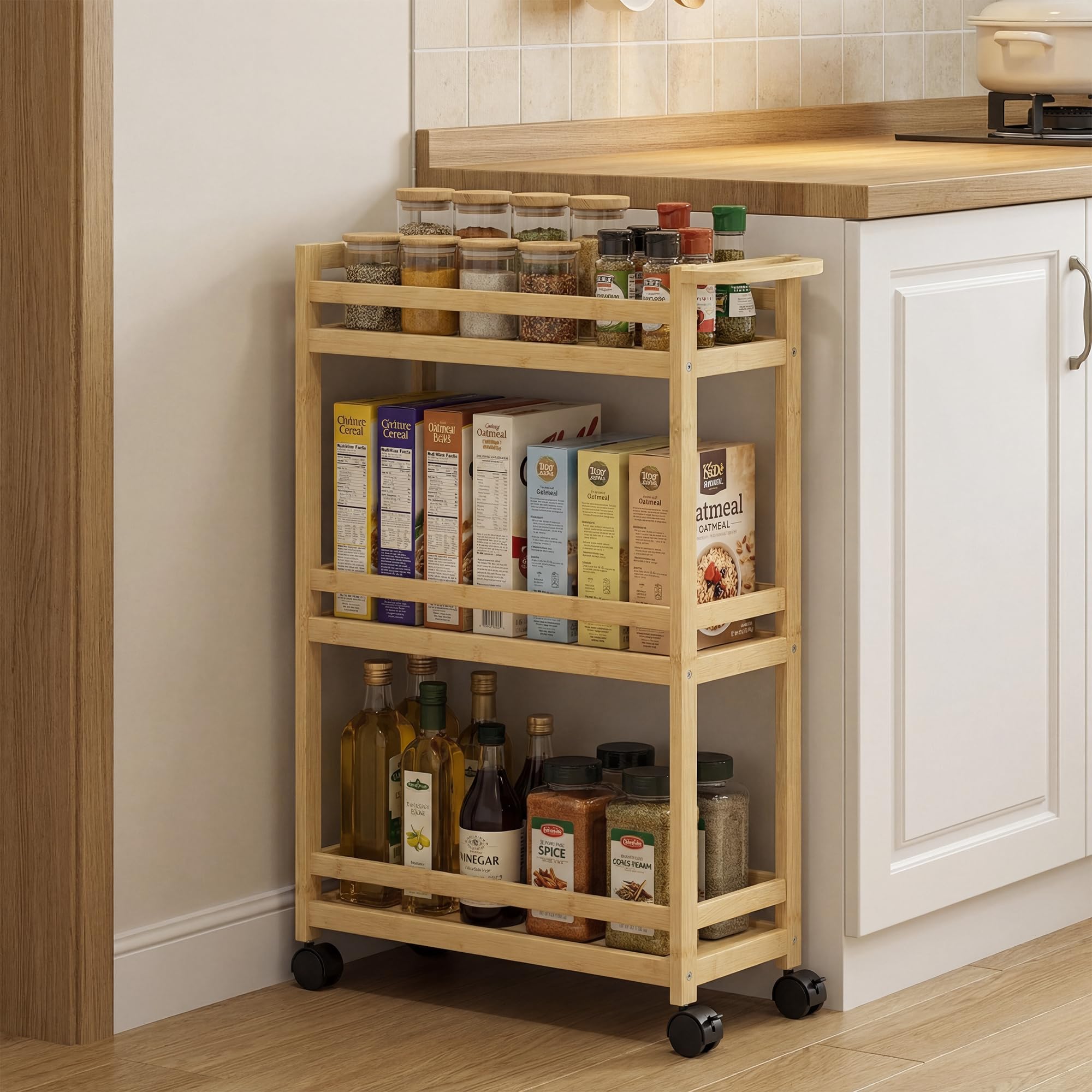 HOMCOM Étagère de Rangement de Salle de Bain en Bambou à 3 Niveaux, Chariot de Rangement, Meuble Salle de Bain avec roulettes pour Cuisine, Salle de Bain, Salon, dim. 55 x 20 x 75 cm - Naturel