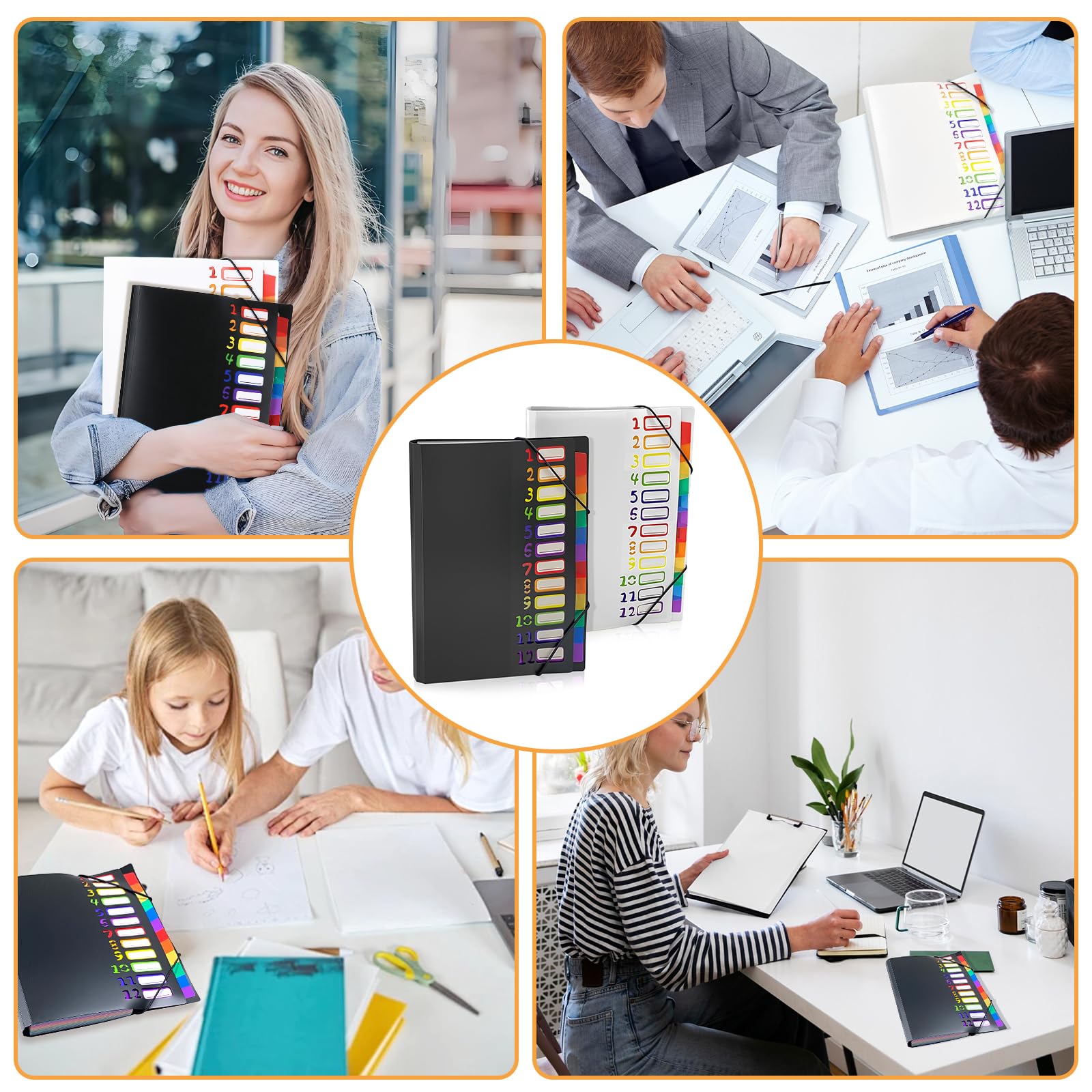 2 pezzi cartella A4 con 12 scomparti PP impermeabile con elastico portatile e organizzatrice per scuola, ufficio e casa (Nero e Bianco)