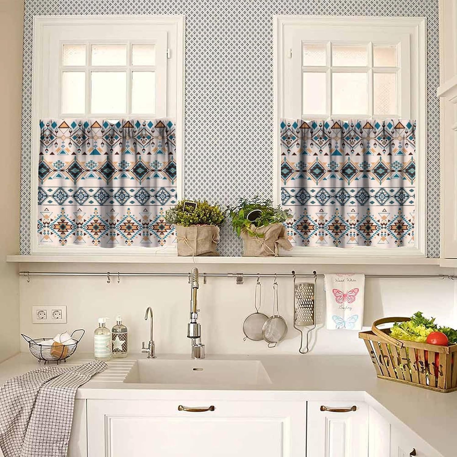 Ethnic Tribal Kitchen Valance Window Treatments Aztec Southwest Native Tribal Boho Short Rod Pocket Curtains 54x18in+27x24in X2