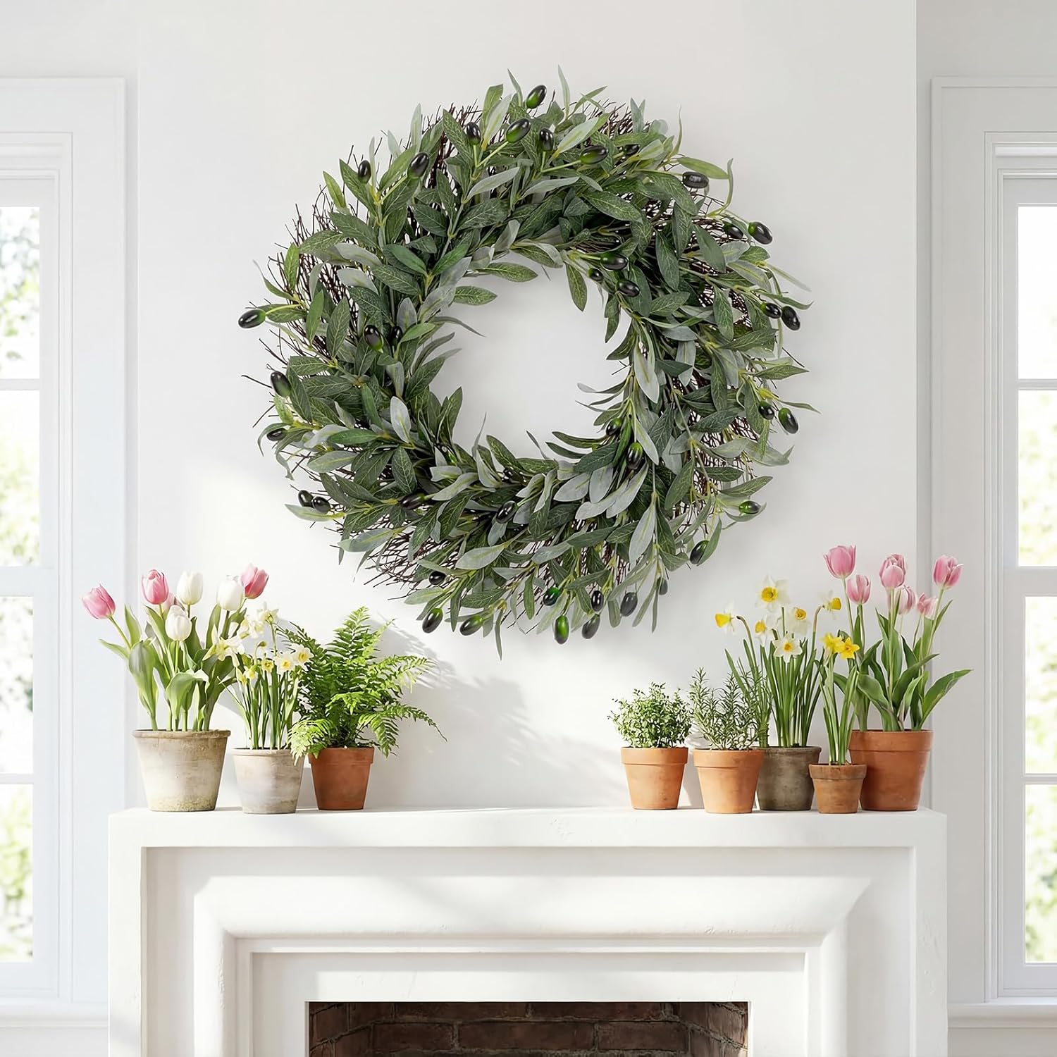 2 Pack Olive Wreaths for Front Door 17.7 Inch Greenery Wreath with Olive Leaves Fruit All Season Round Farmhouse Fake Green Leaves for Wall Window Festival Home Indoor Outdoor Decor