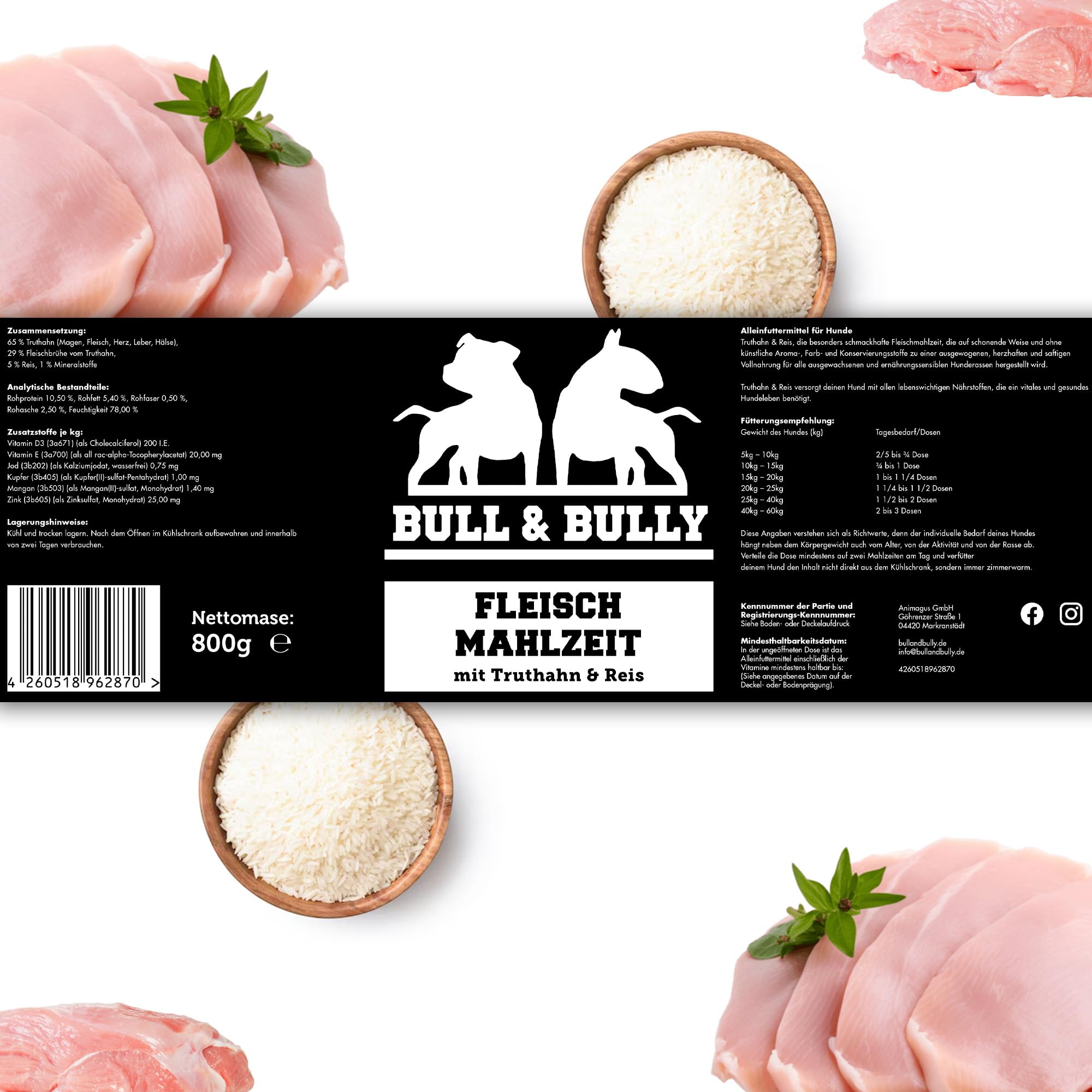 Hundefutter Nass 800g 12x Fleischmahlzeit Truthahn mit Reis