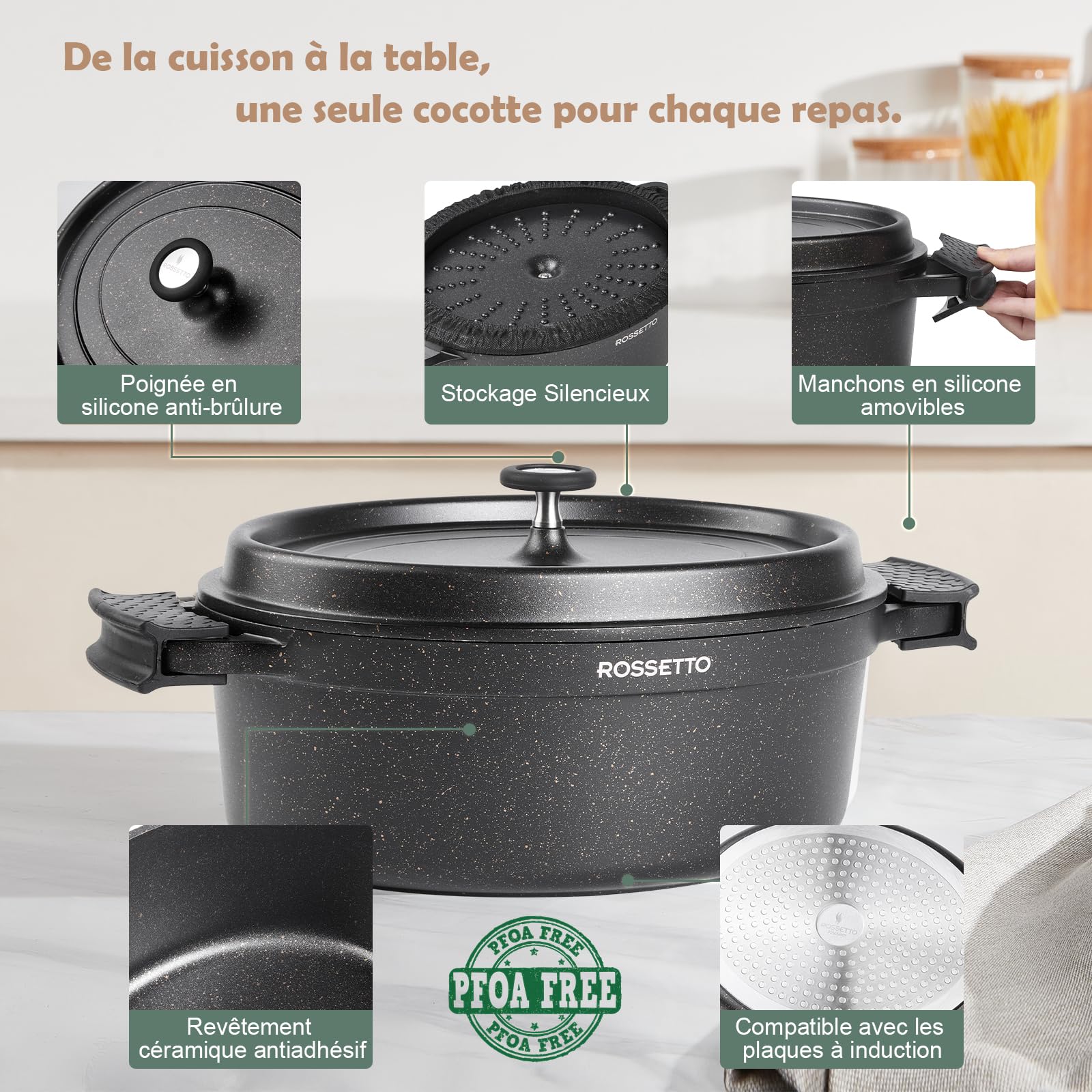 ROSSETTO 6,3L Casseruola ovale in alluminio pressofuso, rivestimento antiaderente in ceramica. Coperchio con gommini sapori. Adatto a tutti i piani cottura, tra cui induzione e forno fino a 230 ℃, 31