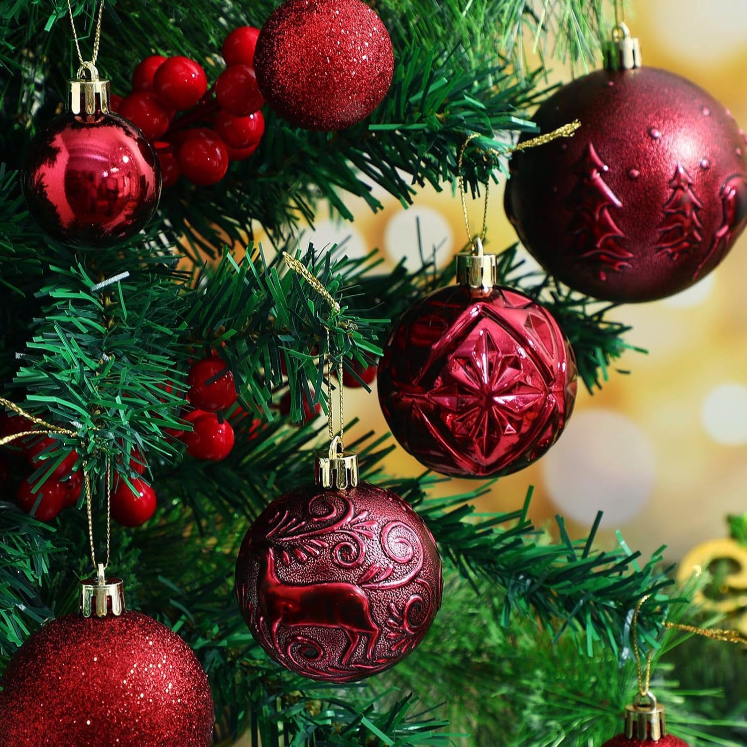 Soulchen 32-teiliges burgunderrote Weihnachtskugeln-Set, bruchsichere Weihnachtskugeln, sortiert, galvanisiert, Weihnachtsdekorationen für Weihnachten, Urlaub, Party, Hochzeit, Heimdekoration, 4 Stile