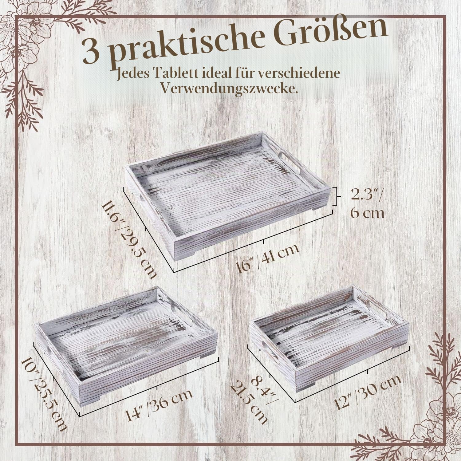Flexzion Schachtelabletts aus Holz, Frühstück im Bett Serviertablett mit ausgeschnittenen Griffen- 3er-Set, Dekorative rustikale geflammte Holzplatte Servieren für Kaffee Essen Küche Tischpräsentation