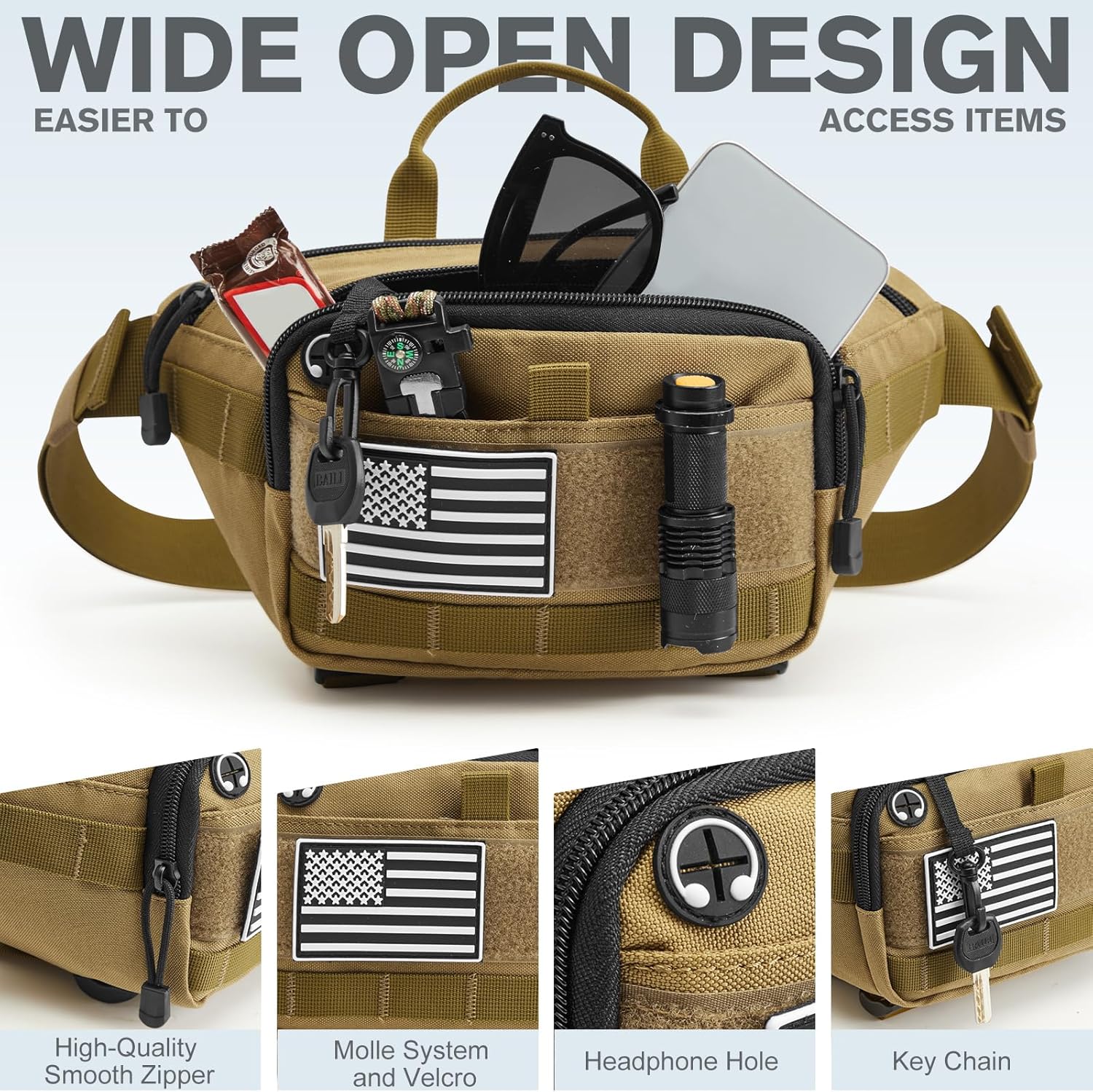 G4Free Tactical Fanny Pack for Men, Fashion Crossbody Bag Waist Packs for Travel Hiking (Khaki) - Image 3