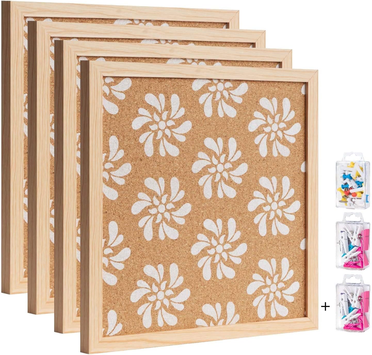 Cork Board Bulletin Board with White Floral Print 12"X 12" Square Wall Tiles,Modern Framed Corkboard for School, Home,Office (Set Including 20 Push Pins,20 Colorful Clip Pins,Hardware and Template)