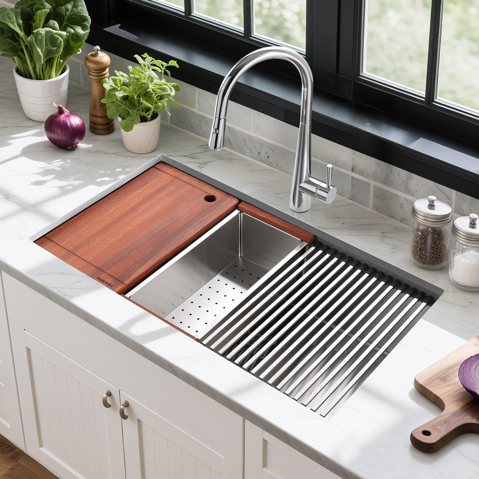 Estación de trabajo para fregadero de cocina de 27 pulgadas, fregadero de 25 x 19 pulgadas, fregadero de acero inoxidable con tabla de cortar de madera de sapele, colador SST con mango de
