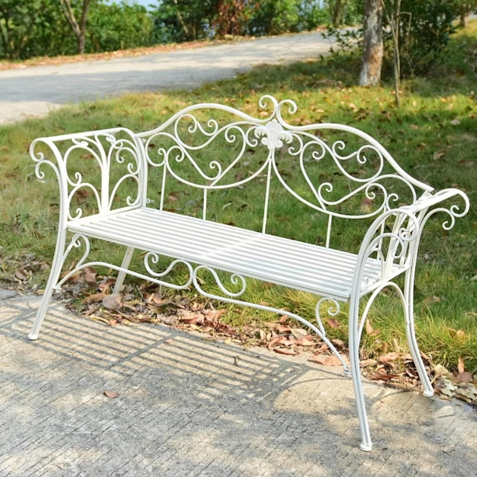 Banc de jardin en fer forgé vert, meuble de parc en métal robuste, assise extérieure avec dossier