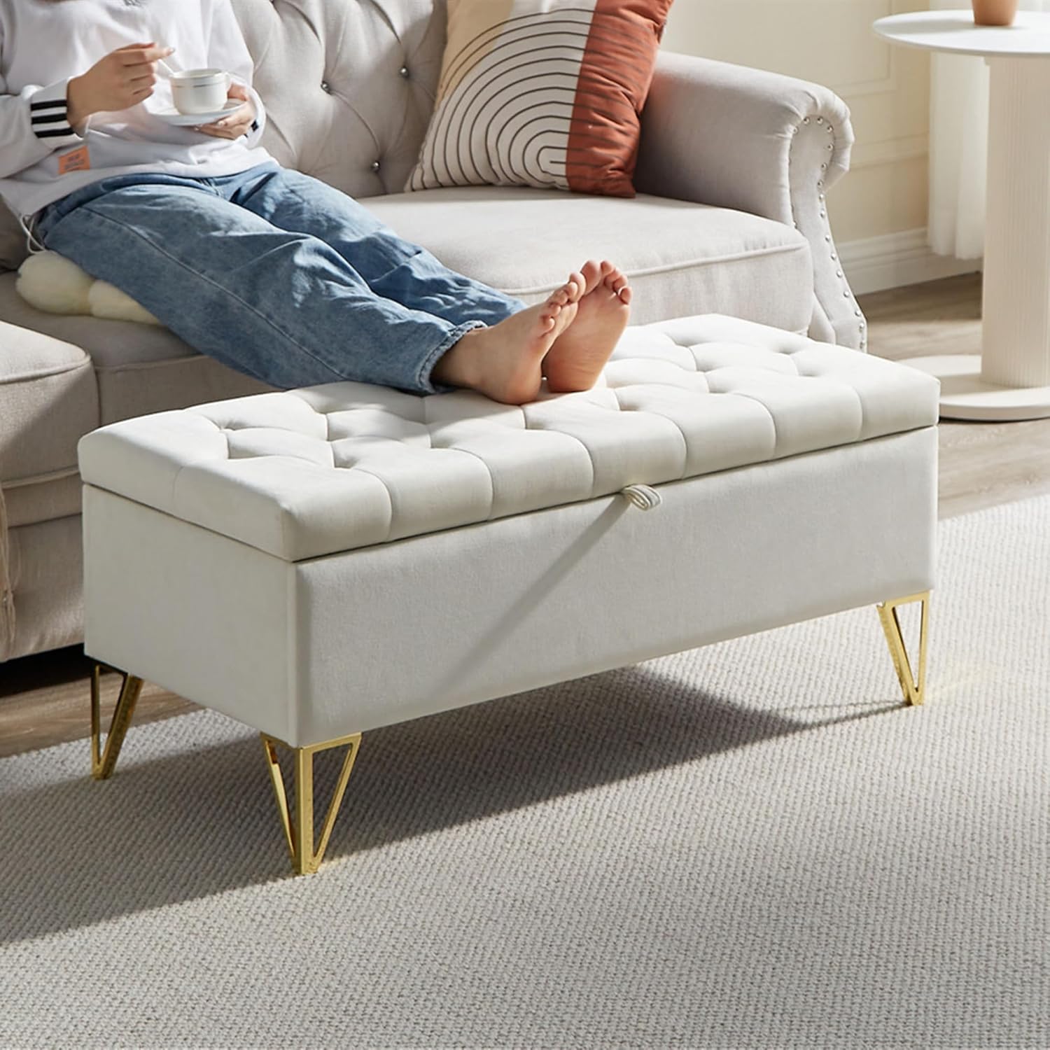 mikibama Velvet Storage Ottoman Bench for Bedroom End of Bed,38.2" Tufted Ottoman Bench with Storage for Living Room,Bed End,Window,Entryway Seat Bench with Golden Metal Legs (Beige, 38.18")