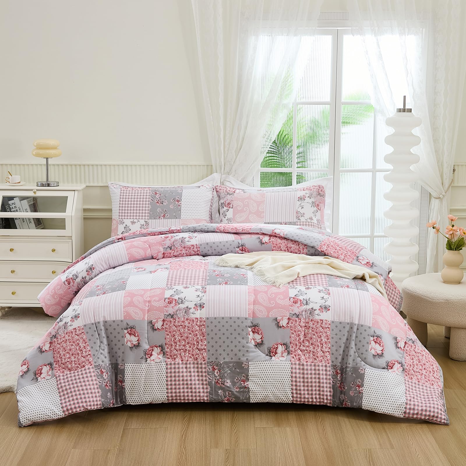 Herside Flower Plaid Duvet Cover Set Double Size Rose Floral Paisley Printed Pink Gray Grid Duvet Cover Farmhouse Bedding Cover 200x200cm 3PCS All Season with Zipper Closure - Image 2