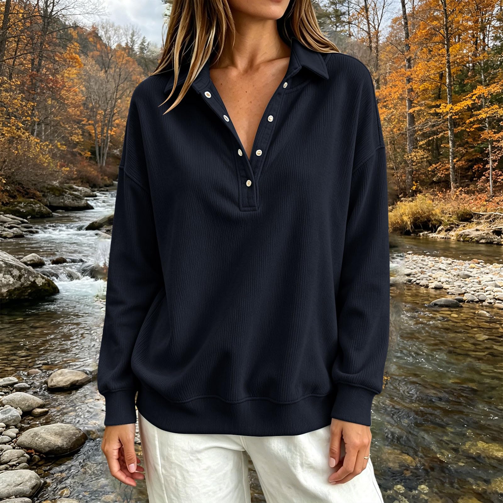 LUCKME Felpa Donna Mezza Zip con Bottoni Pullover Lungo Manica Lunga