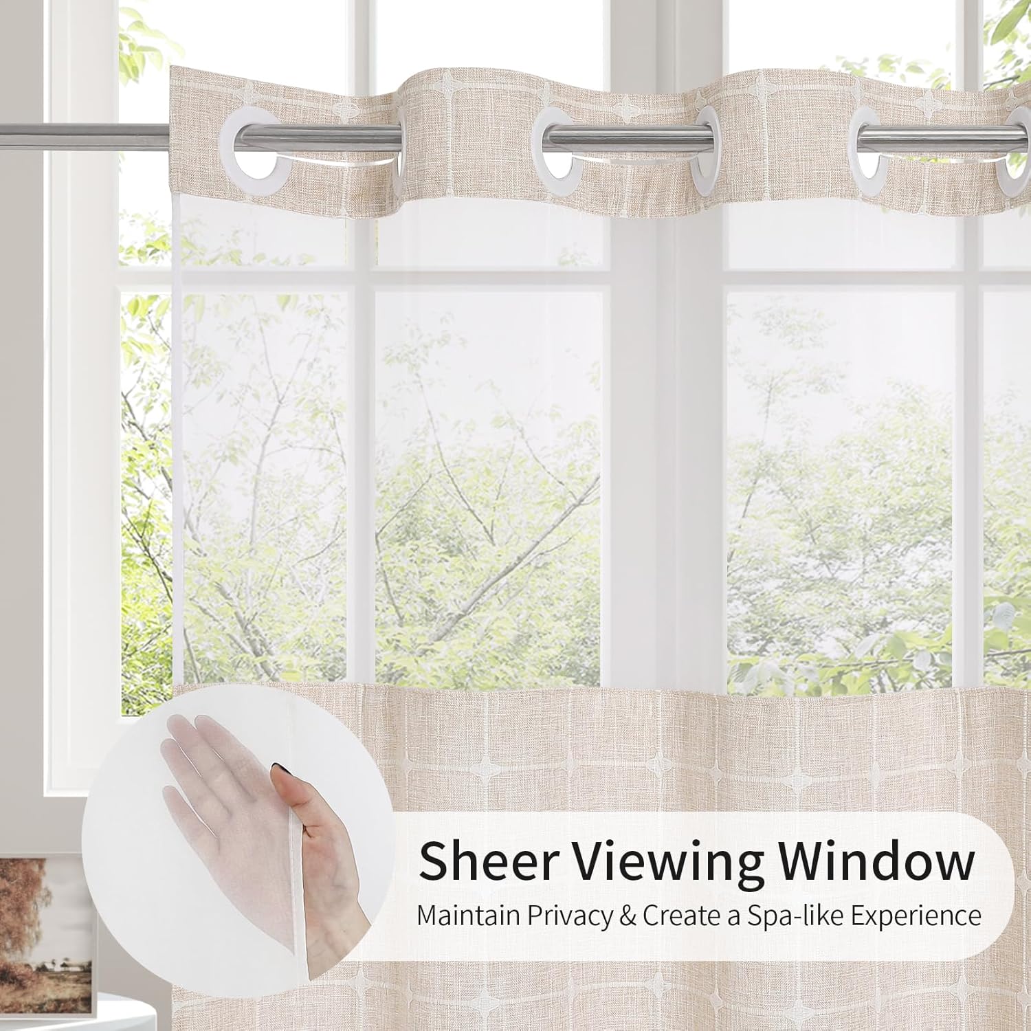 MitoVilla No Hooks Required Farmhouse Shower Curtain with Snap-in Liner - with Window & Magnets, Boho Cotton Linen Fabric Shower Curtains with Tassels for Rustic Bathroom Decor, Beige/Cream, 72 x 74