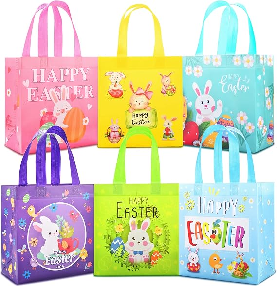 Clysee 6 Pcs Easter Gift Bags 10.2\" X 8.3\" Non Woven Easter Tote Bags With Handle Large Easter