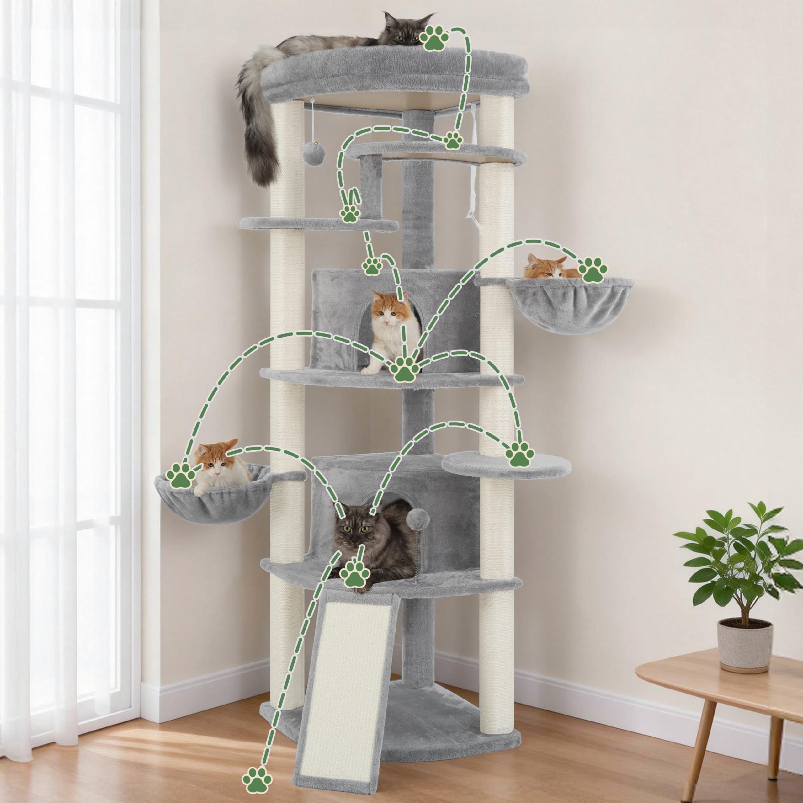 Gitelsnour Eck-Kratzbaum, Katzenbaum für Innenbereich, Mehrstöckiges katzenkratzbaum mit Sisal Kratzsäulen, 2 Katzenhöhlen, großer Oberplattform, 2 Hängender Katzenkorb, Hellgrau GCT035W