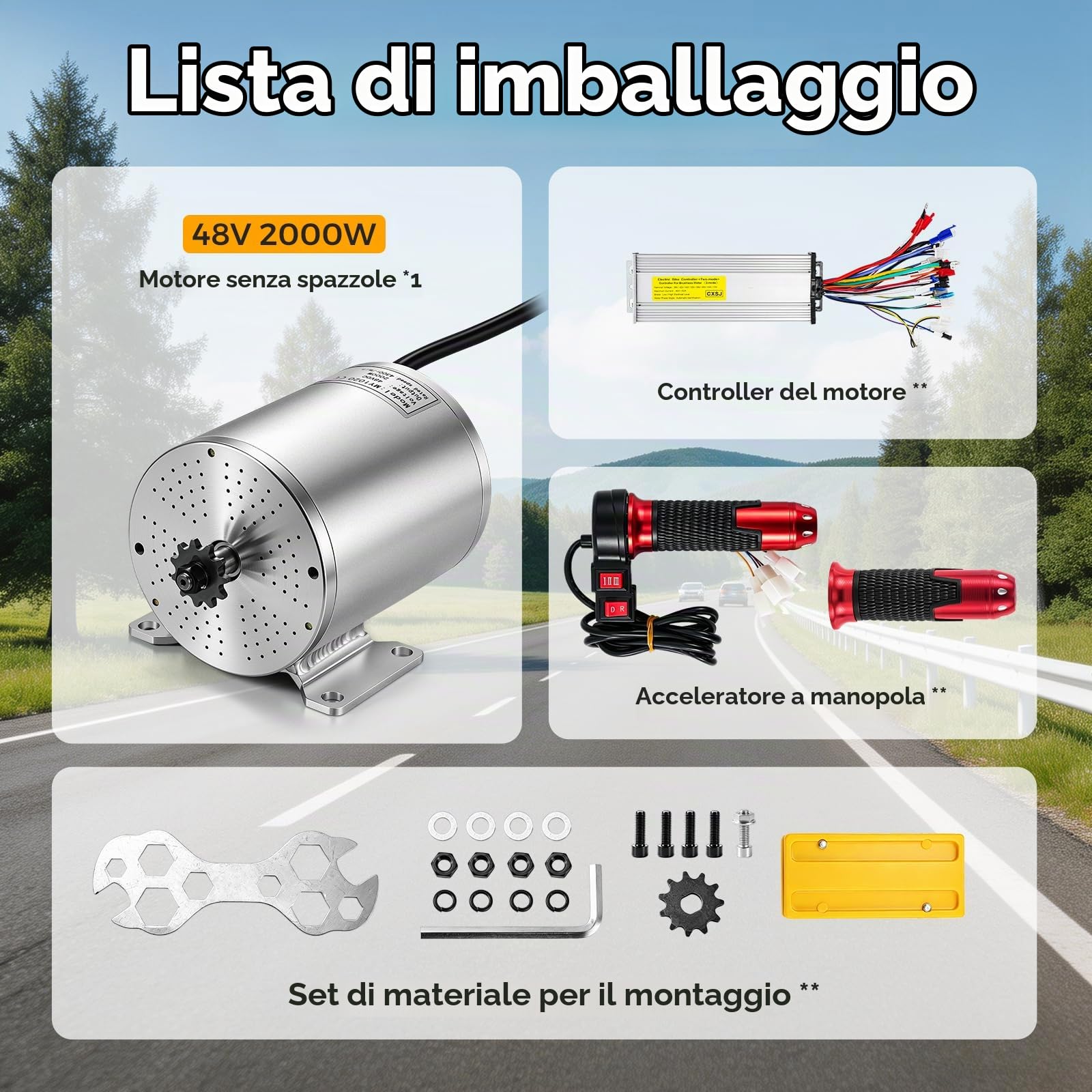 Bonvoisin Kit di Motore Elettrico Senza Spazzole a CC 48V 2000W 4300RPM | Motore DC Brushless 48V 2000W, 5,1 N·m, Controller 15 Mosfet Con Sensore Hall, Freno Elettrico & Interruttore 3 Velocità