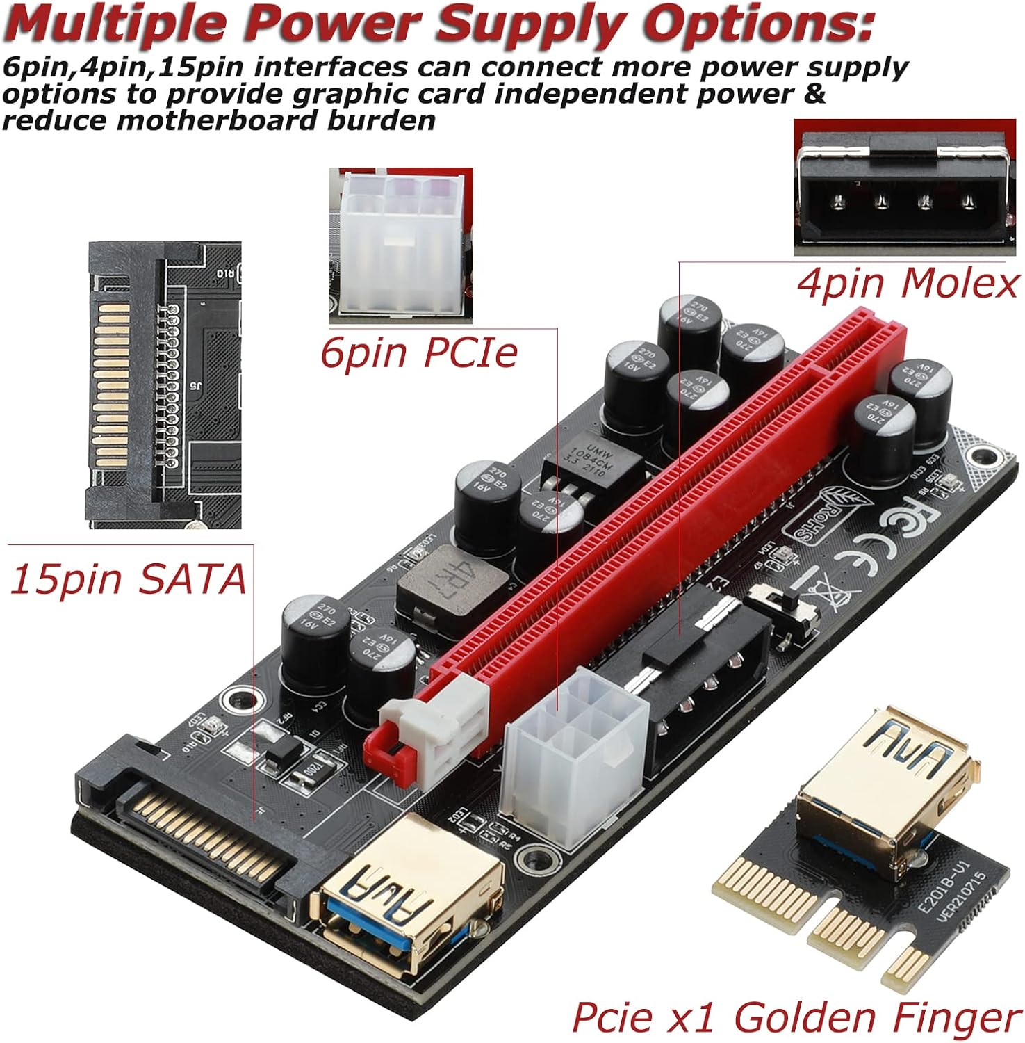 GPU Riser Adapter Card PCIe 1x to 16x for Bitcoin Litecoin ETH Mining, PCIe 6pin/Molex 4pin/SATA 15pin Interface, Linux Compatible, Desktop, 6 Pack