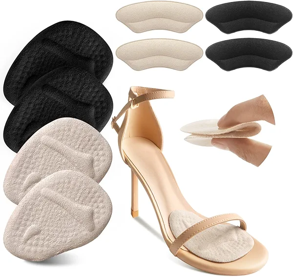 Riootlnm Metatarsal Pads, Ball of Foot Cushions, Heel Pads Inserts for Too Big Shoe, Reduce Foot Pain, No Slip Heel Grips Liners Pads for Loose Shoe, Blisters (Beige+Black)