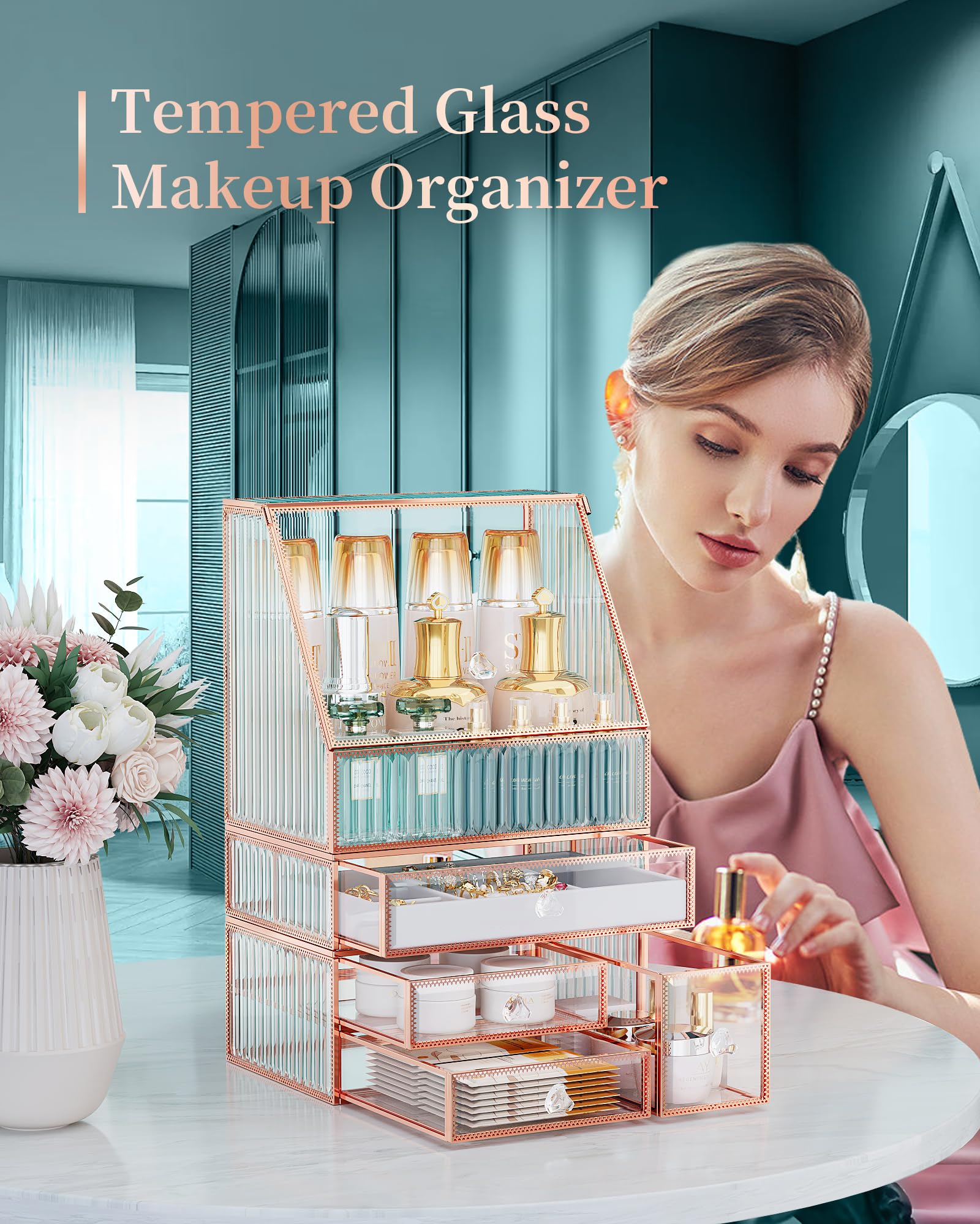Youdepot Extra Großer Make up Organizer 5-teilig, Kosmetik Organizer aus gehärtetem Glas mit Schubladen, Schmuckbox, Pinselhalter, Skincare, Lippenstift und Parfüm