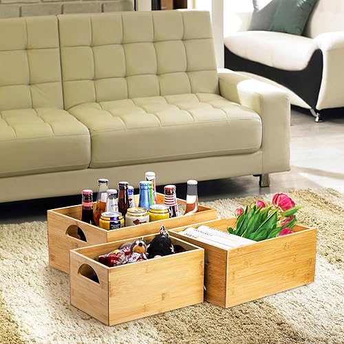 Miniatura 7 de DEAYOU Paquete de 3 contenedores de almacenamiento de bambú, caja de almacenamiento de bambú, organizador de anidación natural, contenedor apilable