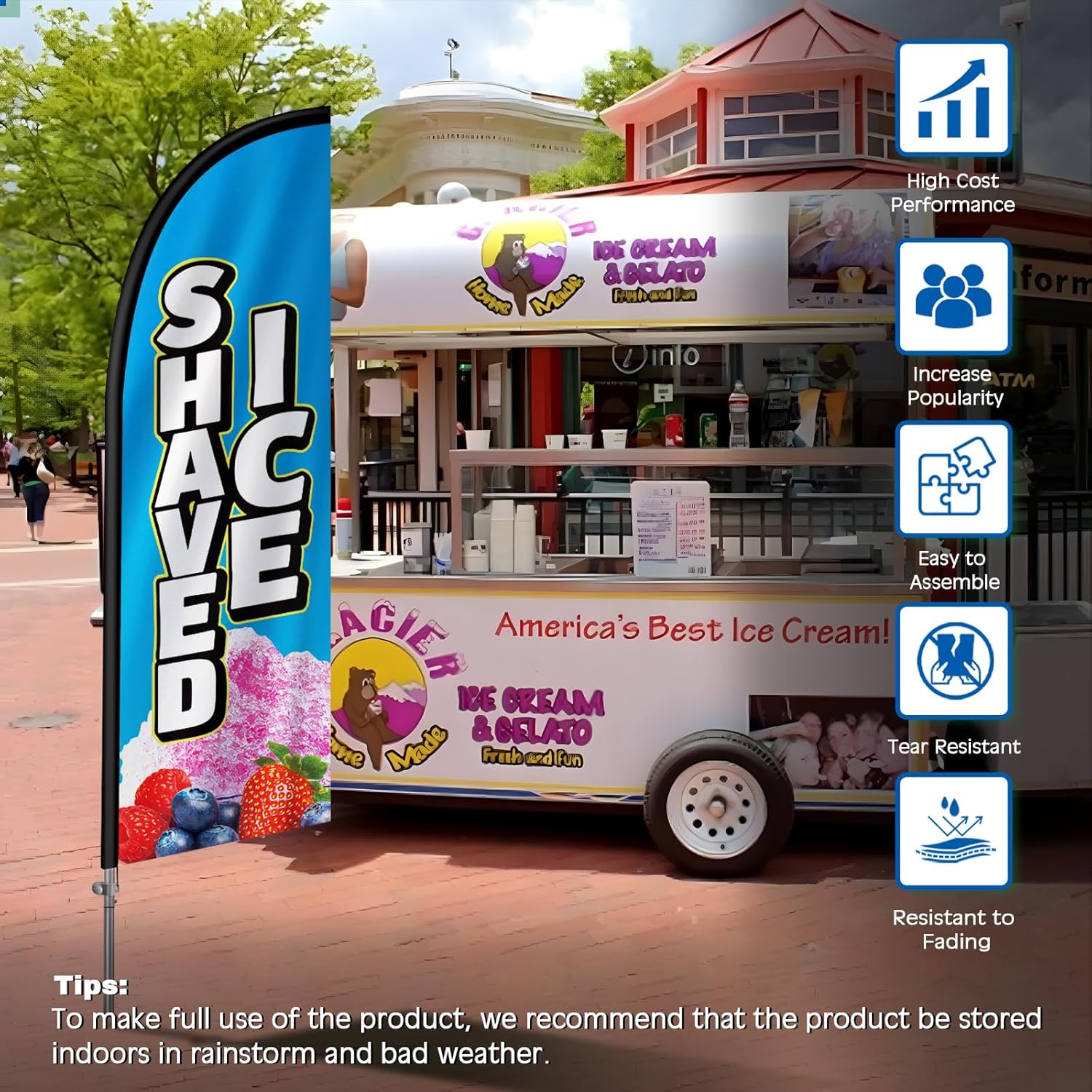 8FT Shaved Ice Swooper Flag, Portable Shaved Ice Signs with Stainless Steel Flagpole, Ground Stake, Eye-Catching Business Flag for Snack Bar Store Outdoor Advertising