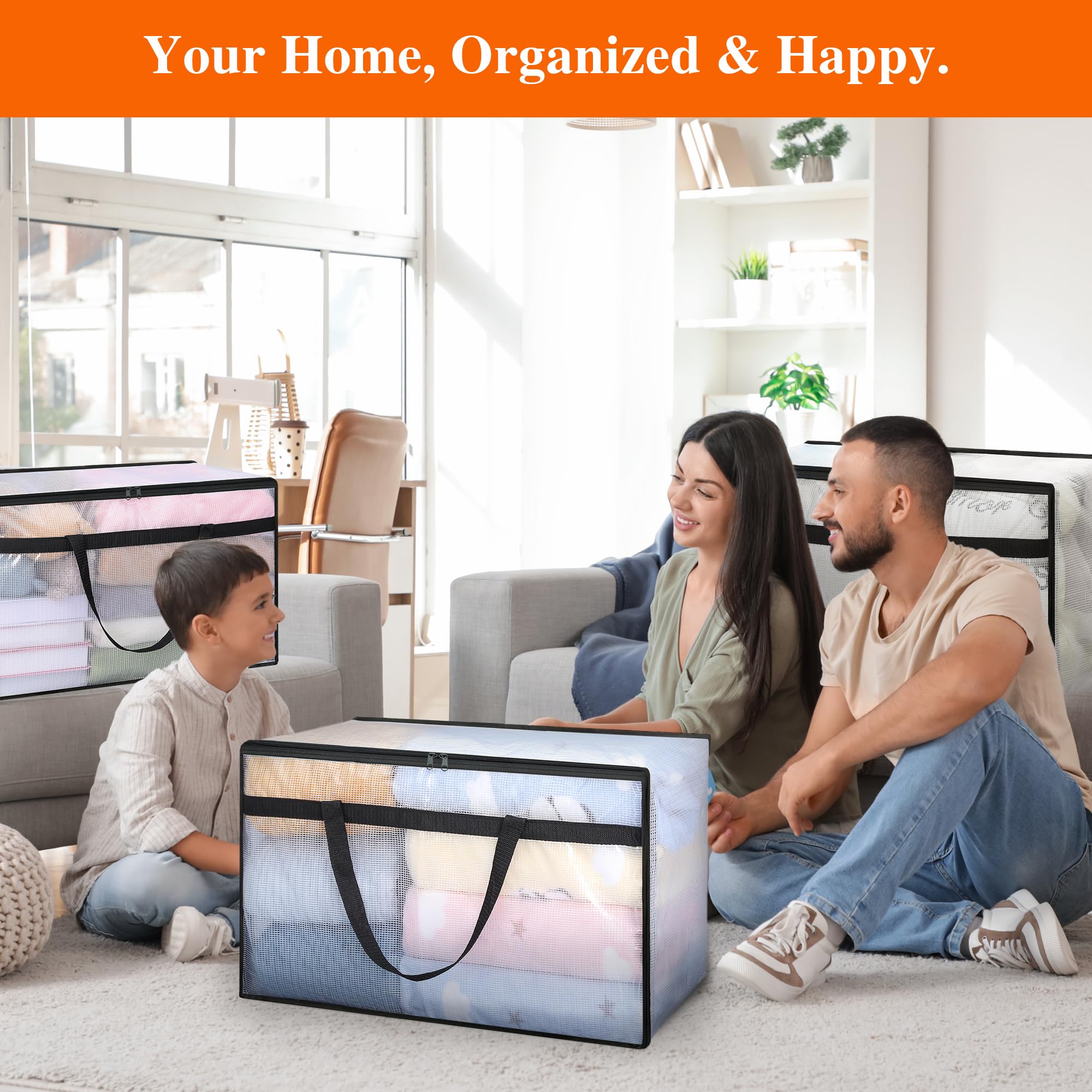 Vieshful Set di 3 Borse Trasparenti da 60L con Cerniera e Manici – Contenitori in Plastica per Vestiti, Coperte, Trapunte, Piumoni, Abiti Bambino, Biancheria e Articoli per il Trasloco
