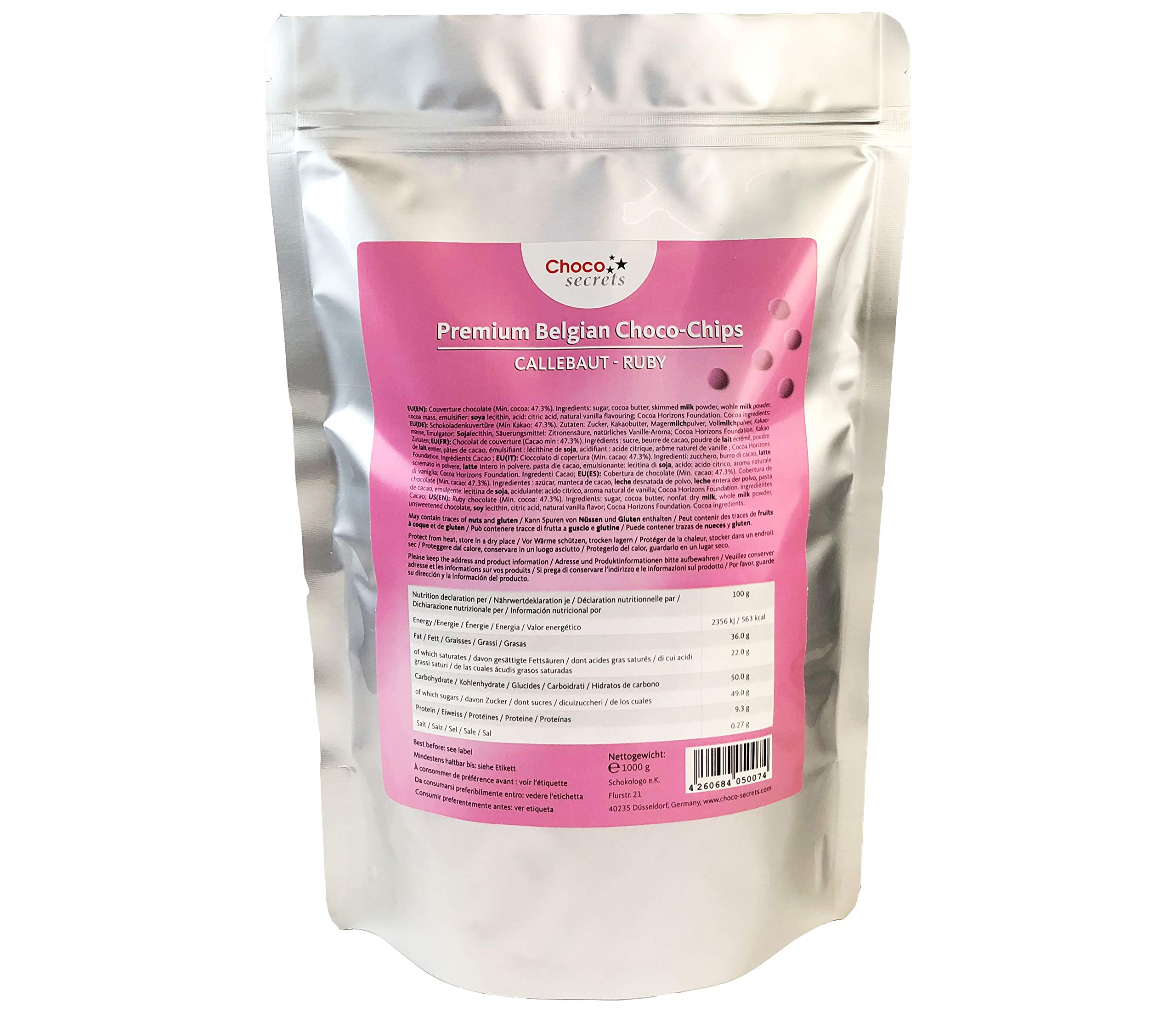 CHOCO SECRETS | Chips di Cioccolato al Ruby/Rosa, 1000g | Ideale da Scogliere per Fontana di Cioccolato o Fonduta | Gocce di Cioccolato Belga di Qualità | in una busta stand-up richiudibile