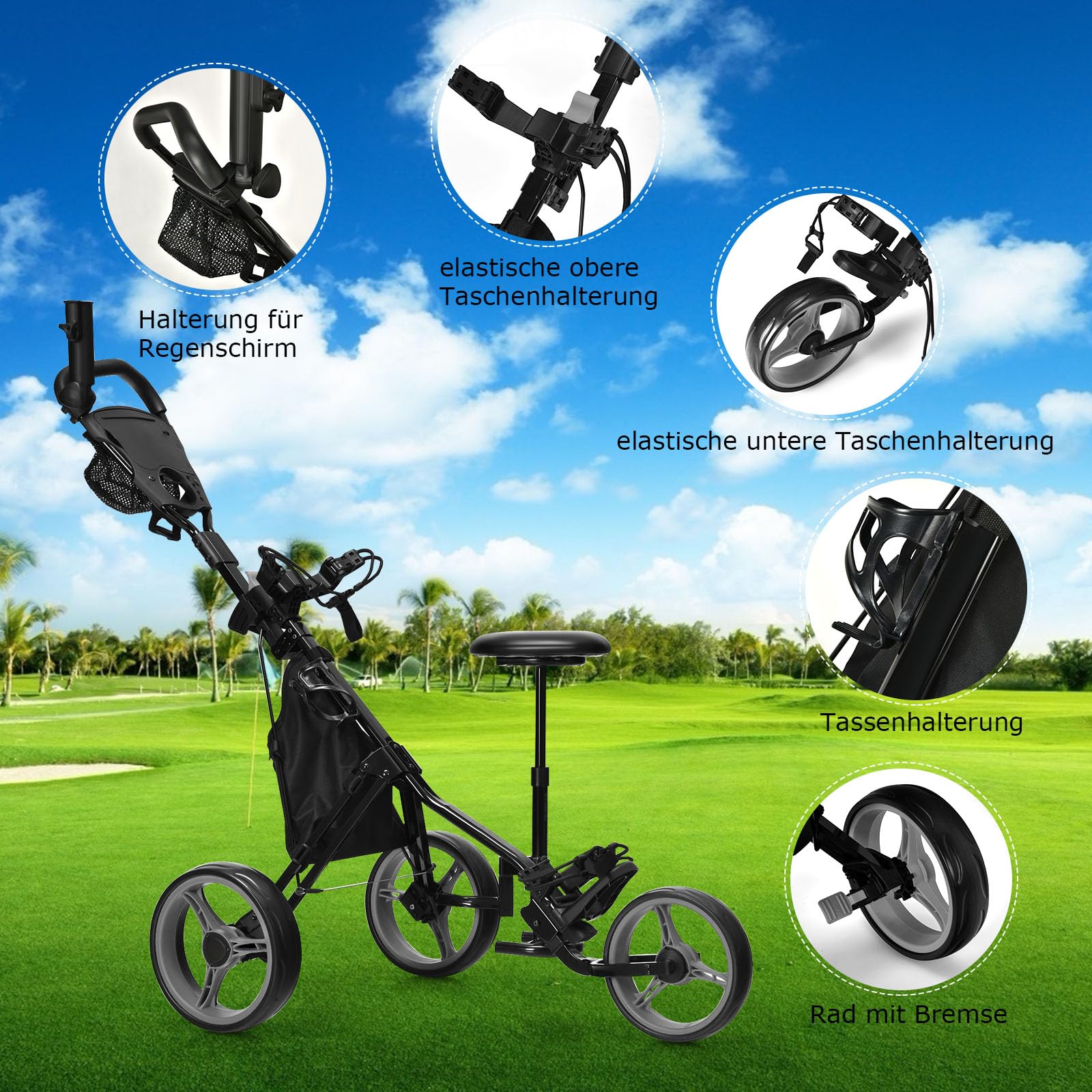 GOPLUS Golf Trolley, Golftrolley 3 Rad mit Verstellbarer Griff, Sitz & Fußbremse, Golfwagen klappbar mit Schirm- und Getränkehalter & wasserdichter Tasche, Golfcaddy Golf Push Cart