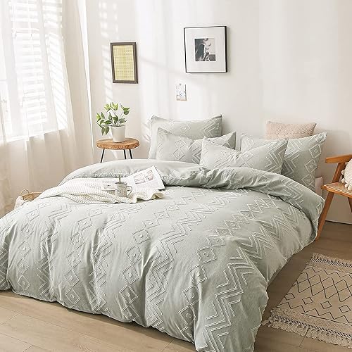Miniatura 2 de Dobuyly Juego de edredón bohemio tamaño matrimonial, juego de ropa de cama de 3 piezas de microfibra ligera y suave con teñido catiónico verde