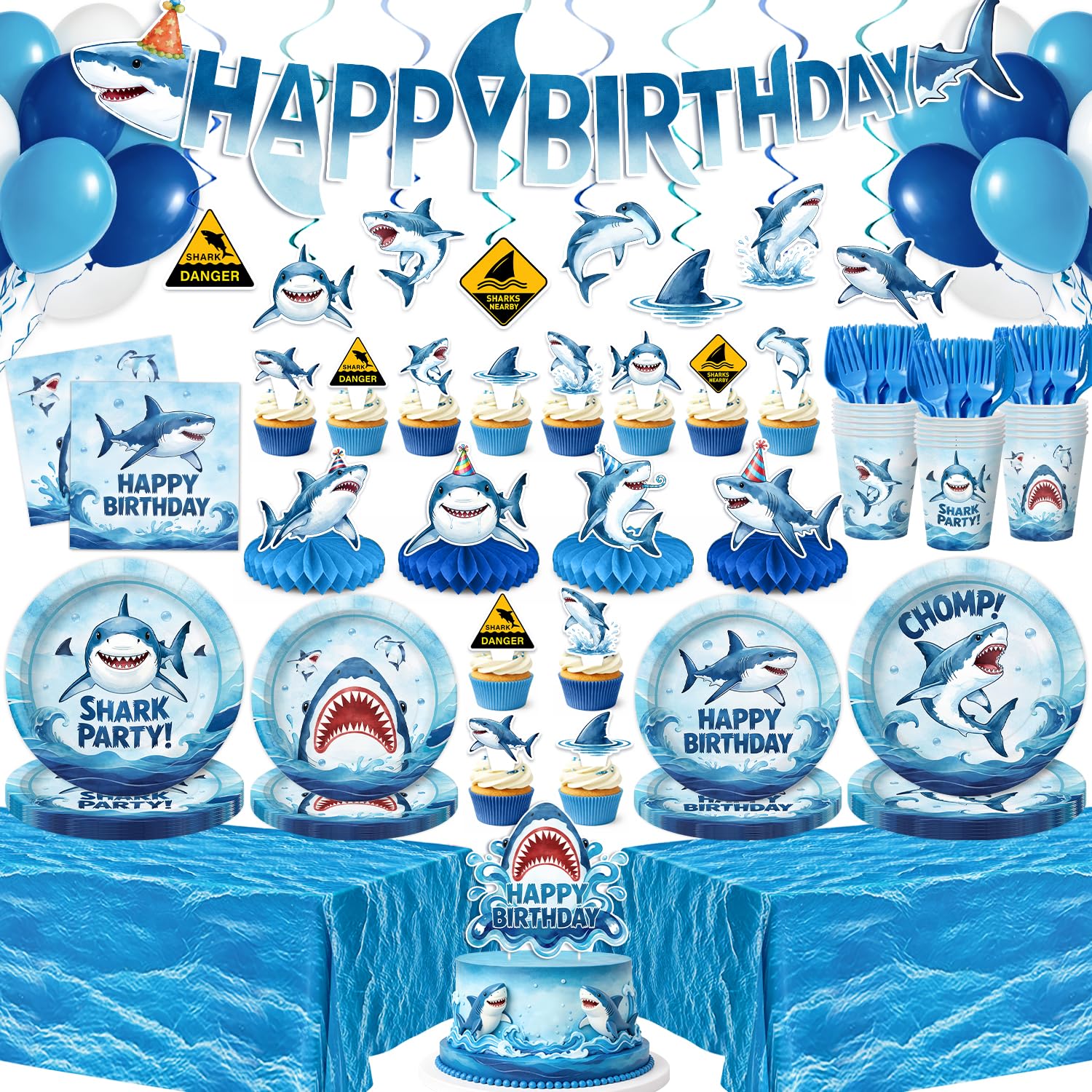 182 Pcs Shark Birthday Party Decorations (Serves 24), Shark Party Decorations Include Banner Hanging Plates Napkins Cups Forks Tablecloth Topper Balloons for Party