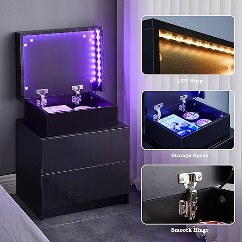 Miniatura 9 de TUKAILAi Mesita de noche moderna con luz LED, 2 cajones de alto brillo, mesita de noche para dormitorio, sala de estar (negro)