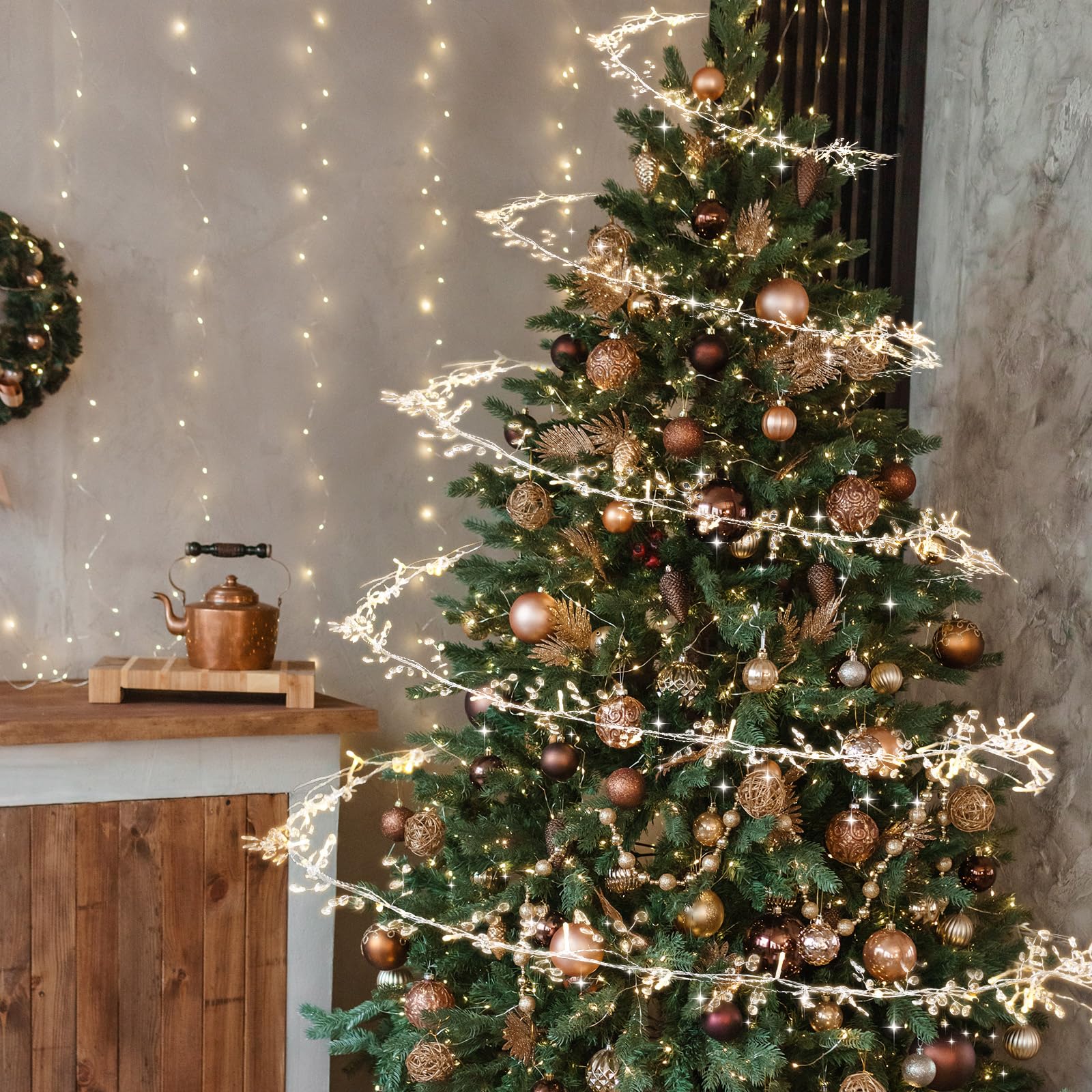 Tuanse Guirlande Lumineuse pour Sapin de Noël de 10 m avec 100 lumières LED à Piles à Suspendre avec Fil métallique Pliable pour Sapin de Noël, Couronne de Mariage, décoration de fête de Mariage