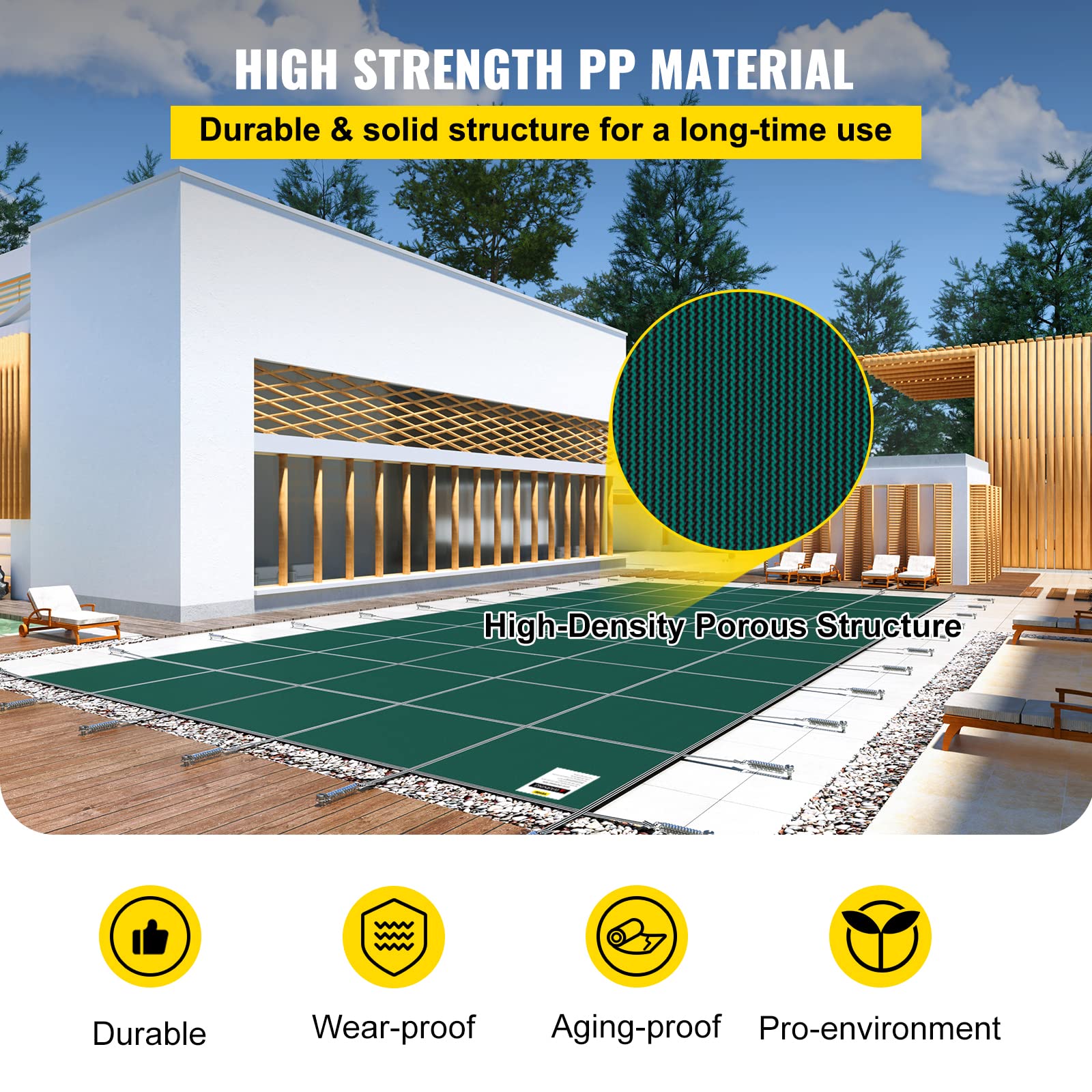 VEVOR Bâche Piscine Creusée 5,47x11,47 m PP Couverture Protection Piscine Rectangulaire contre Débris Neige Protège Piscine Maille Serrée Boulon Terre Laiton pour Piscines 4,87x11 m Maison Jardin Vert