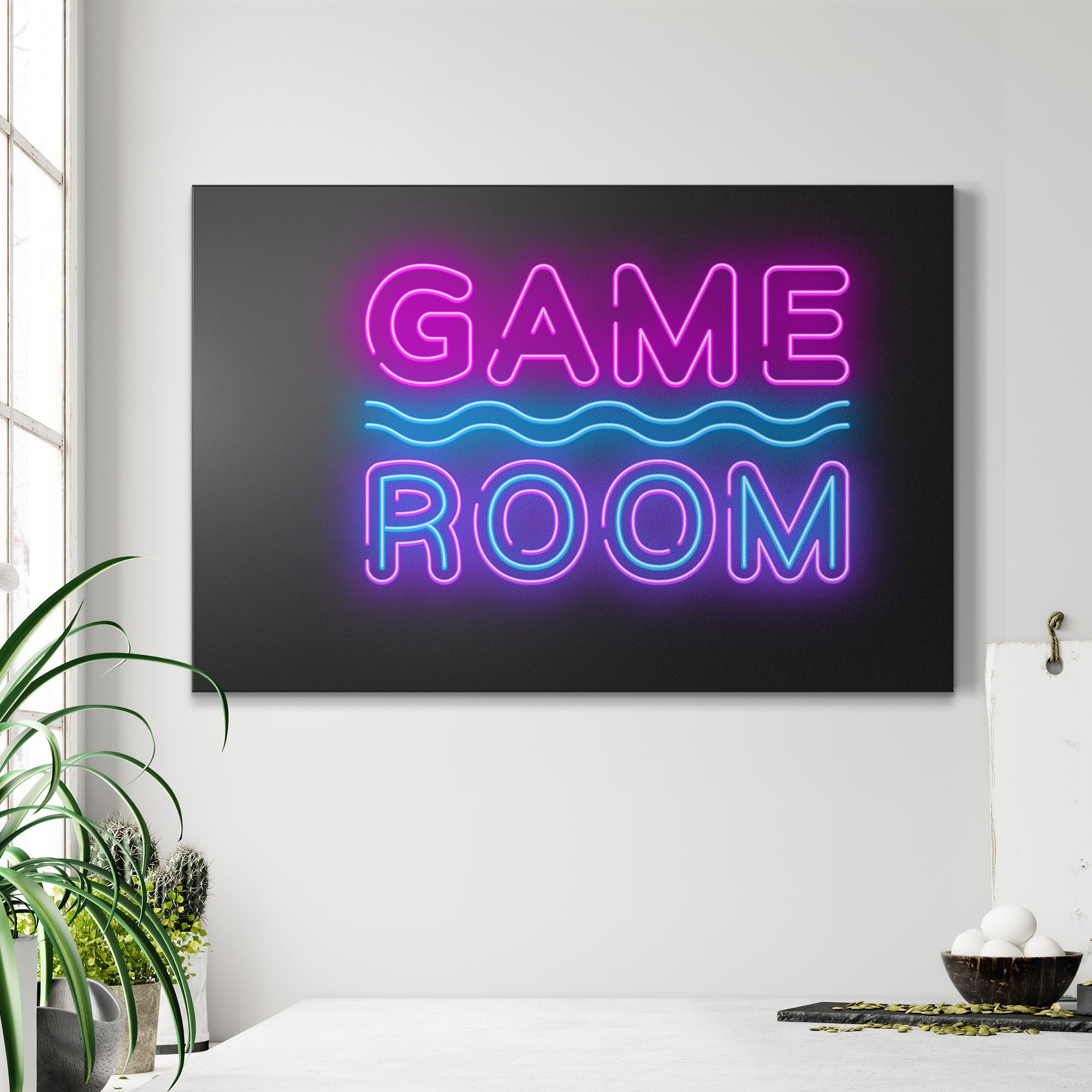 DEQORI Pizarra magnética con impresión UV | diseño "Neon Game Room" | diseño rectangular de 90 x 60 cm | tiza pizarra metálica se puede escribir – Decoración de pared para cocina, pasillo, habitación