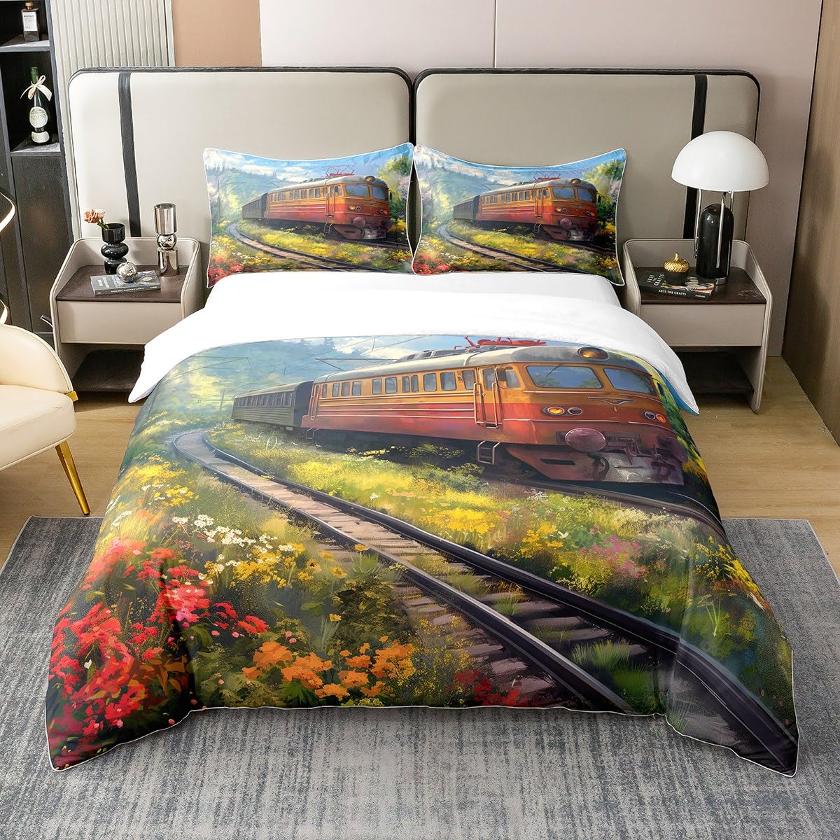 Homewish Pociąg 100% bawełniana poszewka na kołdrę, retro poszewka na kołdrę do silnika parowego dla dzieci chłopców nastolatków, zestaw pościeli do transportu torów kolejowych, trawa kwiatowa