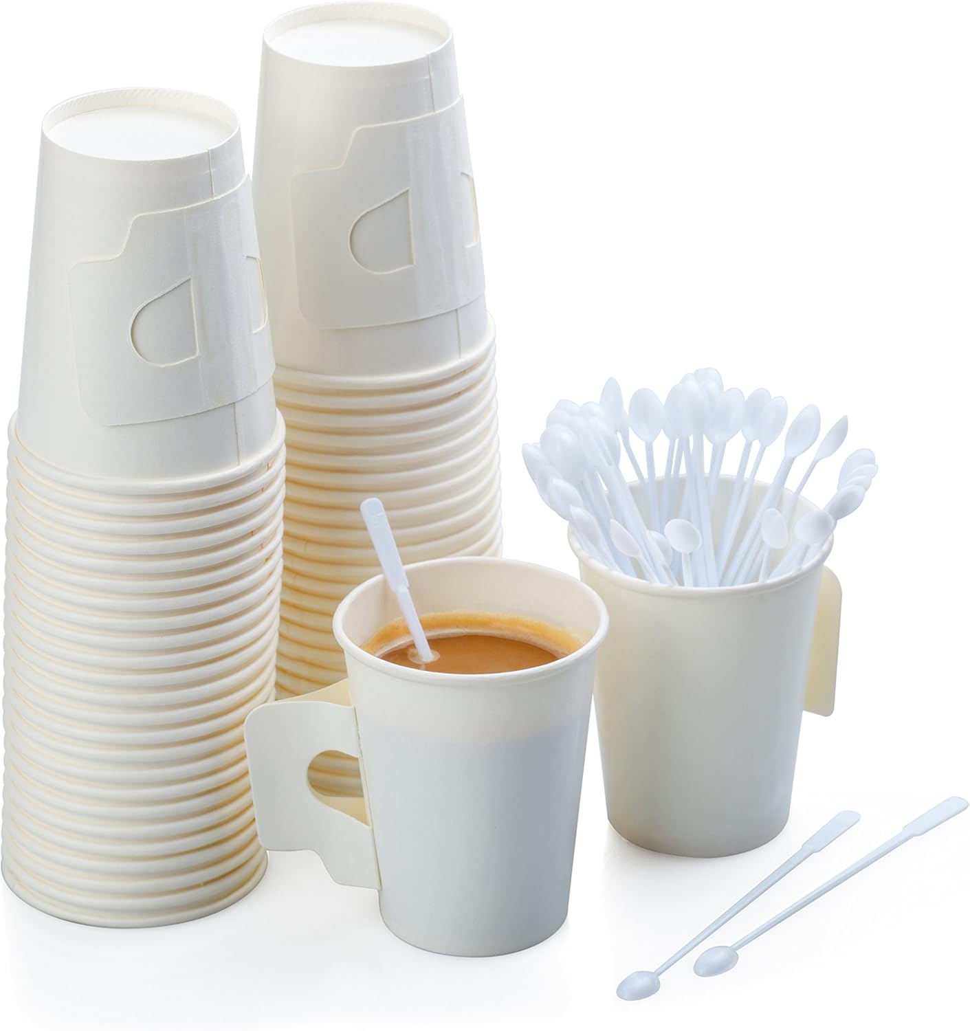 Upluck 50 Count Paper Coffee Cups with Handle 8 oz and 50 Count Mini Plastic Coffee