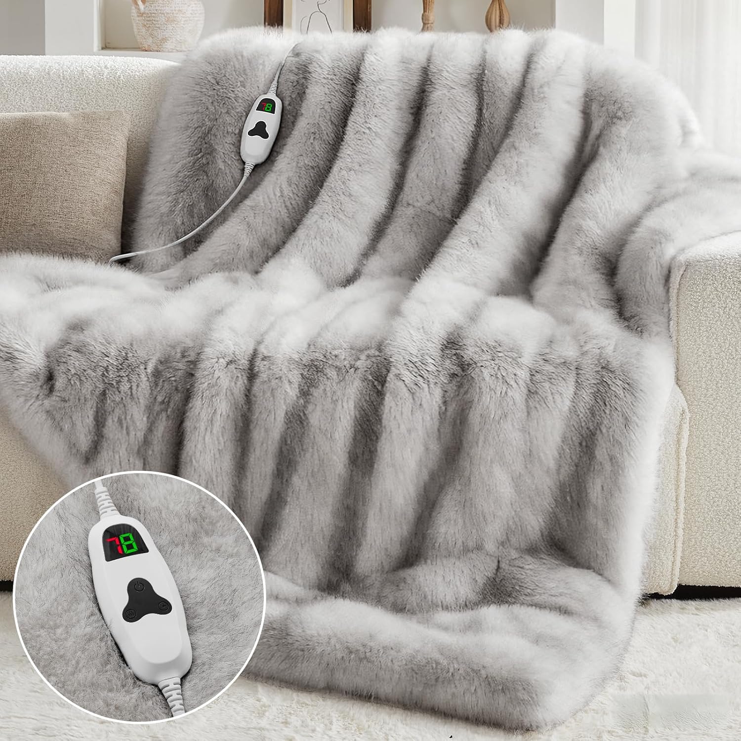 Heated Electric Blanket Throw,Octrot 50"X60" Faux Fur Heating Blanket Luxury Christmas Gifts Heavy Plush with 10 Heats Levels & 8 Hours Auto Off,Super Cozy Warm Fuzzy,Fluffy Decor Winter Warming,White - Image 9