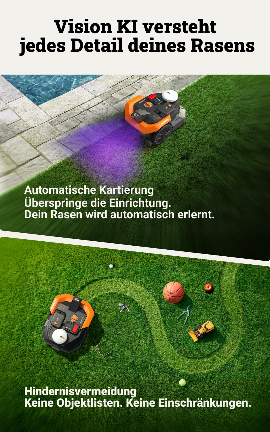 WORX Landroid Vision Cloud WR303E 2WD Mähroboter ohne Begrenzungskabel | Für Mähfläche bis zu 300 m², KI-Hinderniserkennung, VSLAM+ RTK Cloud Navigation, Auto-Mapping, App-Steuerung