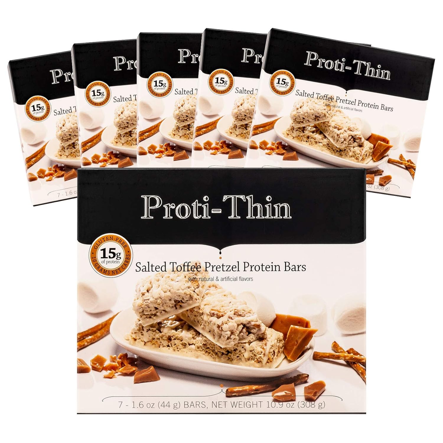 Proti-Thin Salted Toffee Pretzel Protein Bars, 15g Protein, Low Calorie, Very Low Carb (VLC), Low Fat, High Fiber Snack, KETO Diet Friendly, Ideal Protein Compatible, Gluten Free (6 Boxes - Save 10%)