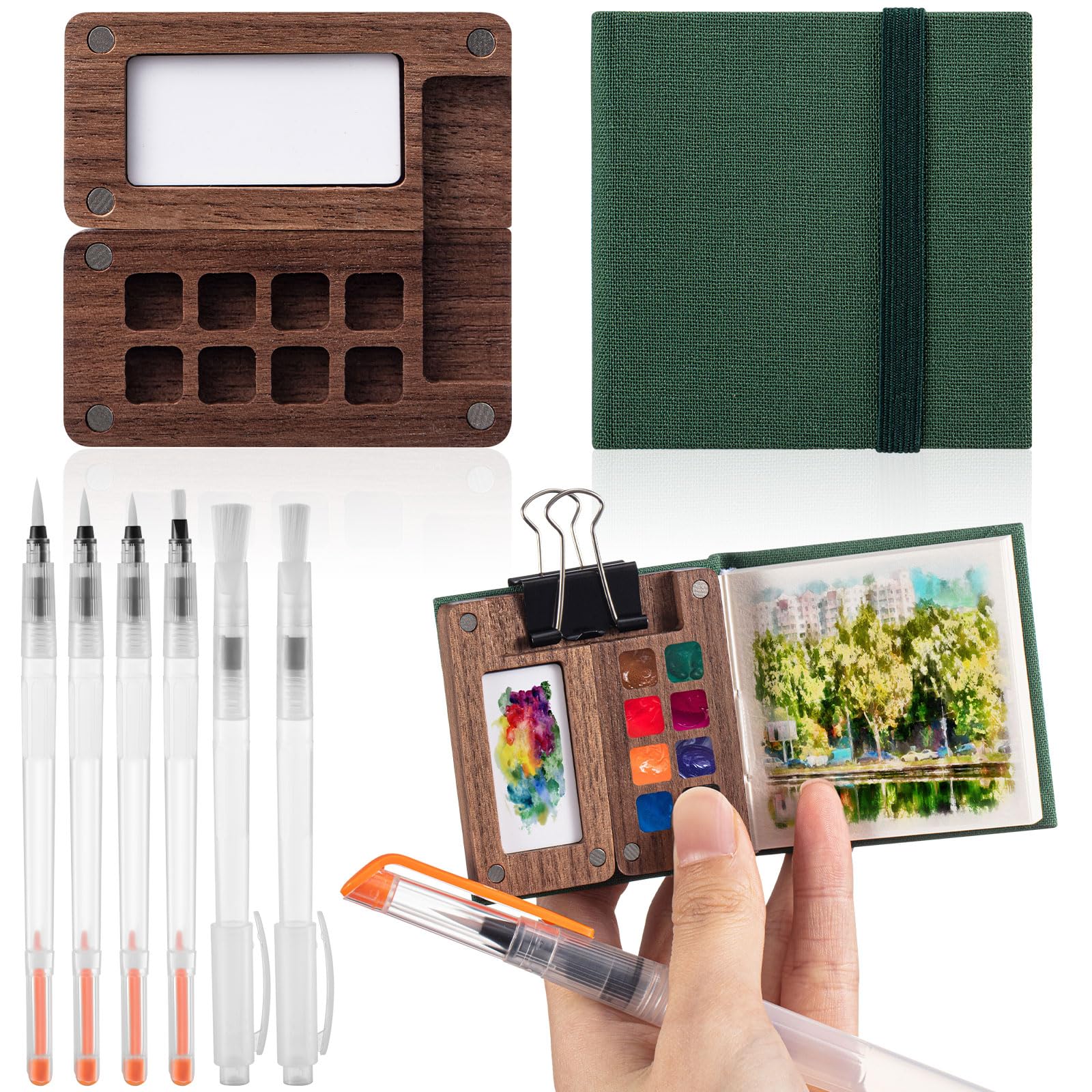Kit Aquarelle Miniature Voyage - Palette Humide 8 Godets + Carnet De Croquis Papier + Pinceau - En Bois De Noyer, Portable