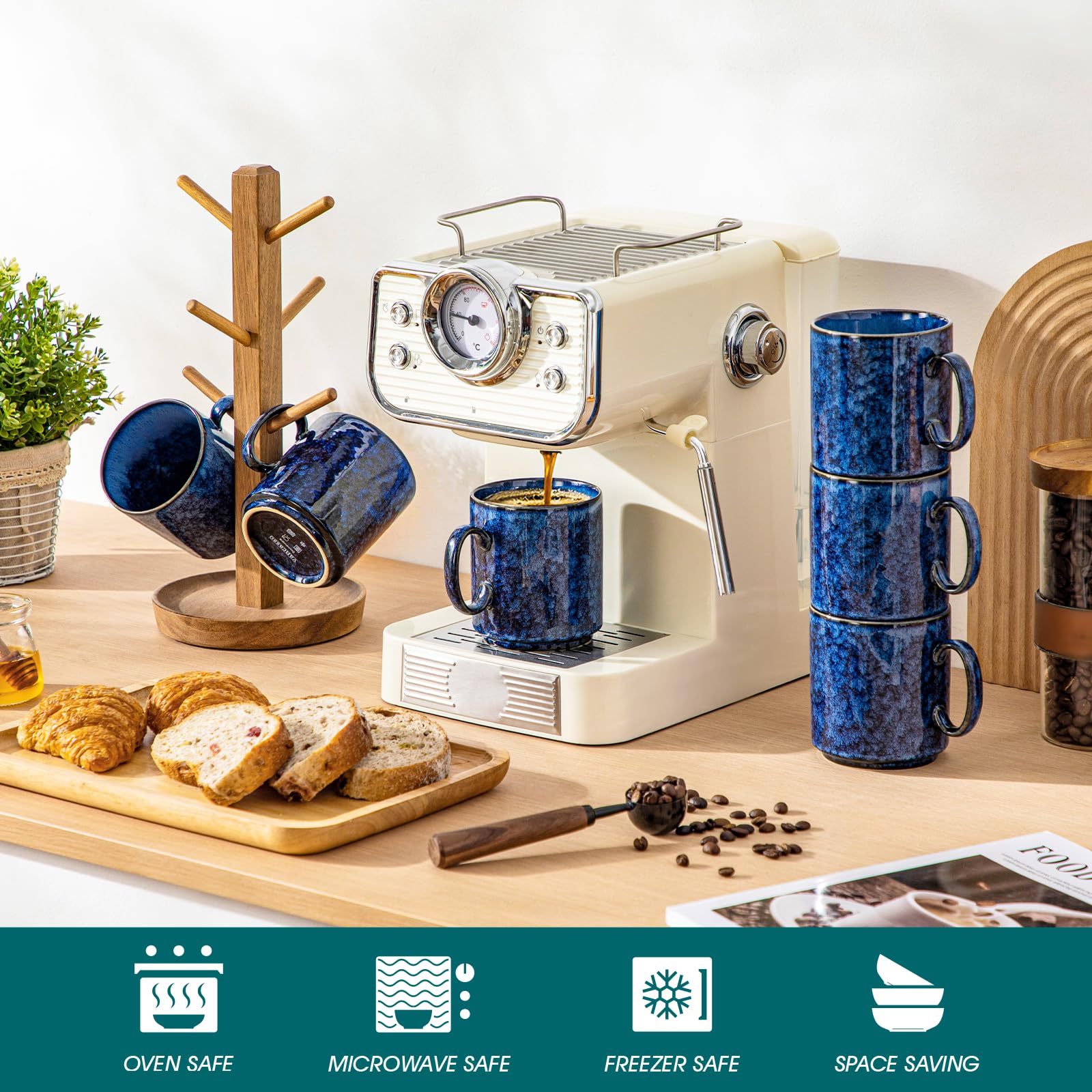 vancasso STARRY - Juego de 6 tazas de café de cerámica de 12 onzas para café con leche, capuchino, té y cacao caliente, estilo moderno artesanal para cafetería, hogar y cocina, aptas para microondas y