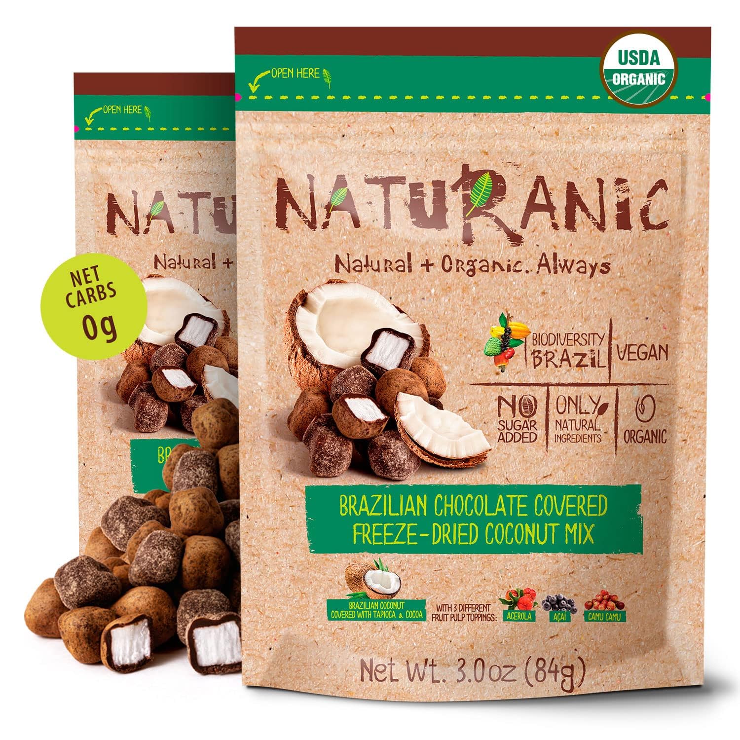 Naturanic Brazilian Dark Chocolate Covered Freeze-Dried Coconut Snack, Zero Carb, Keto Friendly, No Sugar, All Natural, Organic, Vegan – Pack of 2