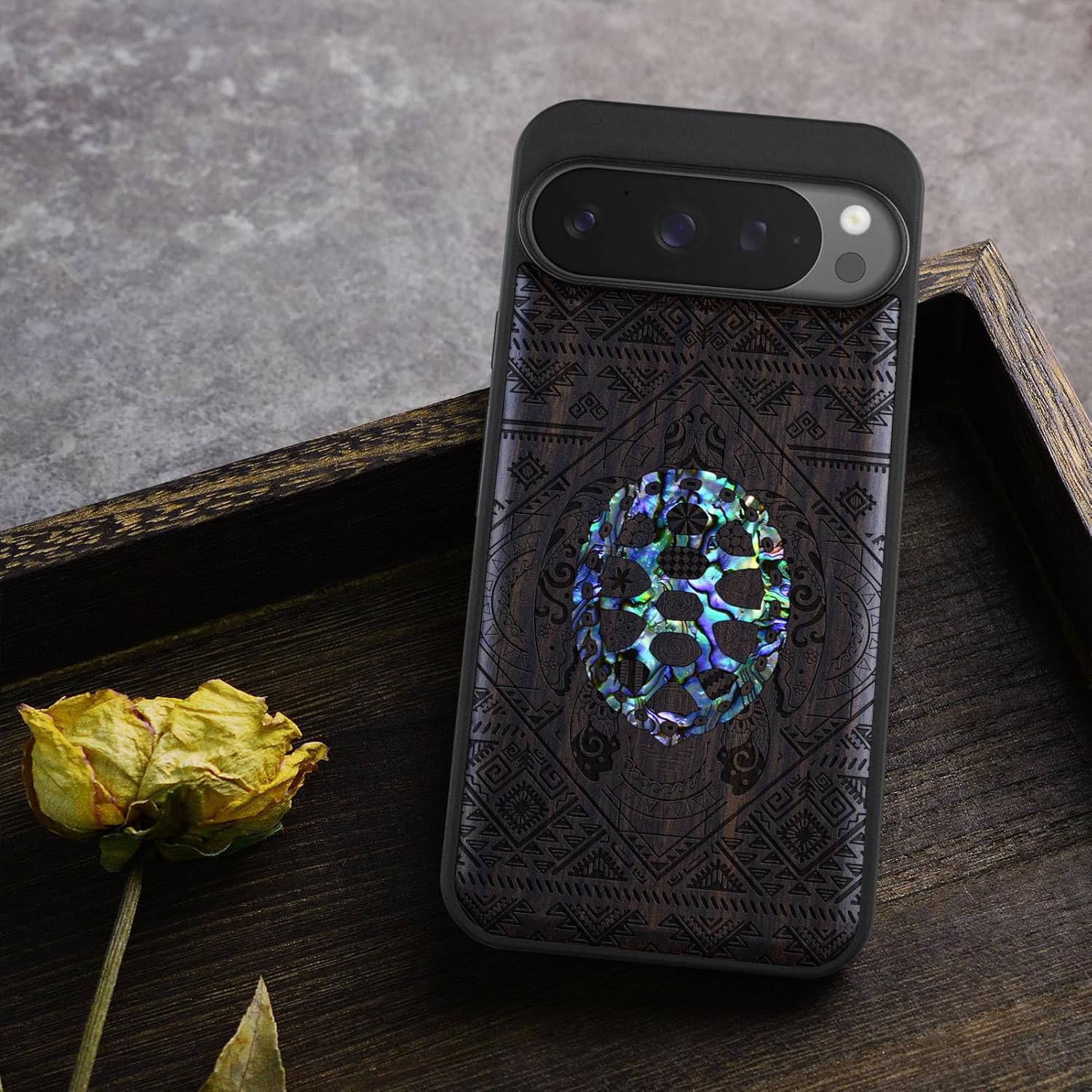 Carveit Magnetic Wooden Case for Google Pixel 9 Pro XL Case, Wood Artisan Engraved & Handmade Shell Inlaid, Compatible with MagSafe Wireless Chargers, The Turtle Amidst Zendoodle - Blackwood