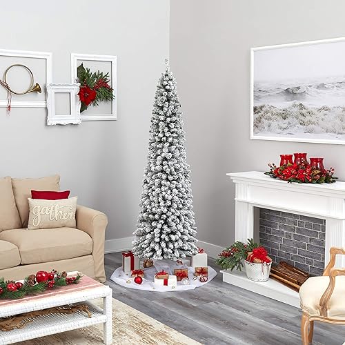 Miniatura 6 de Nearly Natural Árbol de Navidad artificial de lápiz flocado de 7 pies con 574 ramas flexibles