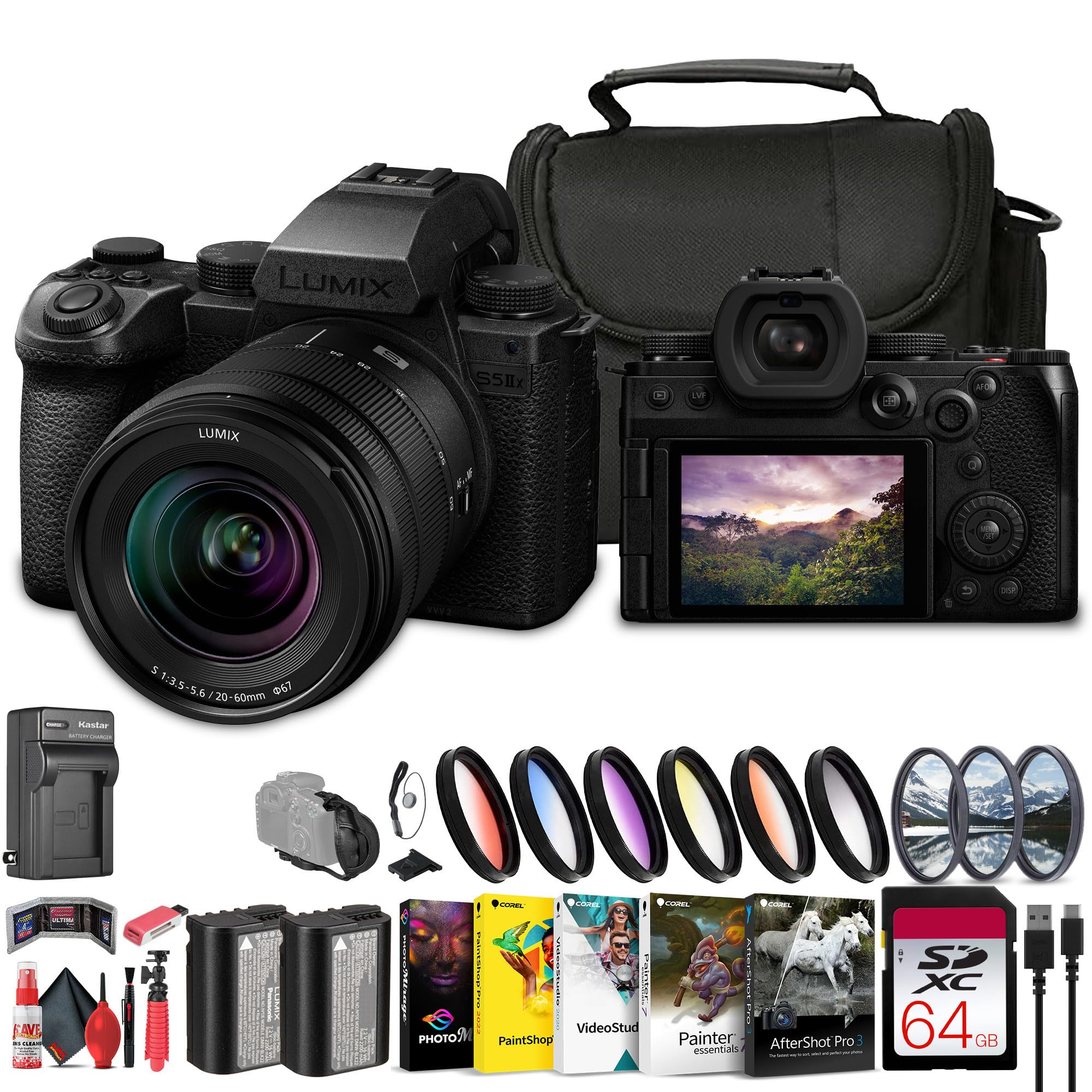 Panasonic Lumix S5 IIX Mirrorless Camera with 20-60mm Lens (DC-S5M2XKK) + 64GB Memory Card + Filter Kit + Color Filter Kit + Corel Photo Software +