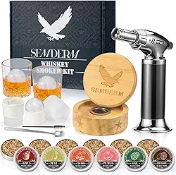 Kit Ultimate Whisky Smoker Kit antiquado com tocha - 6 lascas de madeira sabor, 2 copos, 2 moldes de bola de gelo - Kit de defumador de coquetel presentes para homens, pais, amantes do kit de