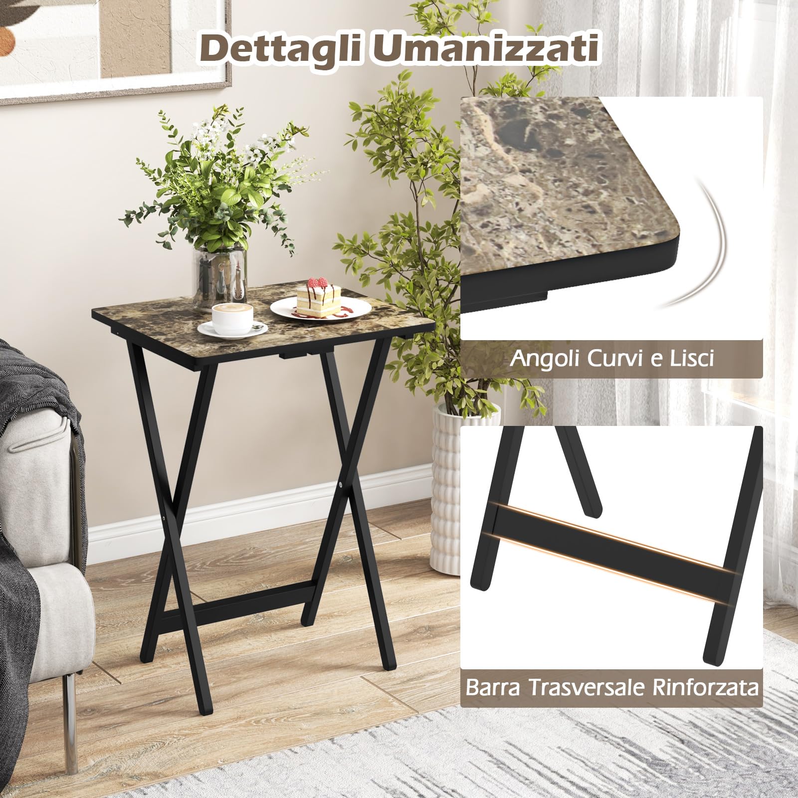 COSTWAY Set di 4 Tavolini Pieghevoli, Tavolio da Giardino in Legno, Maniglia per il Trasporto, Tavolino Laterale Portatile per Giardino Balcone Soggiorno, Portata 30 kg, 48 x 40 x 67 cm