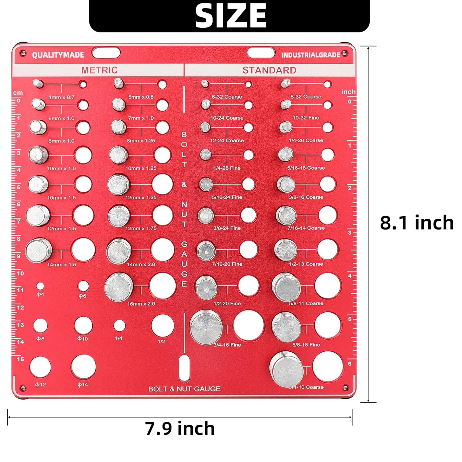 42 Thread Checker, Bolt Size and Thread Gauge, Bolt Thread Identifier with 19 Standard & 15 Metric, Bolt Identifier Board, Wall-Mountable Nut and Bolt Thread Checker Gauge with Inch & CM Ruler