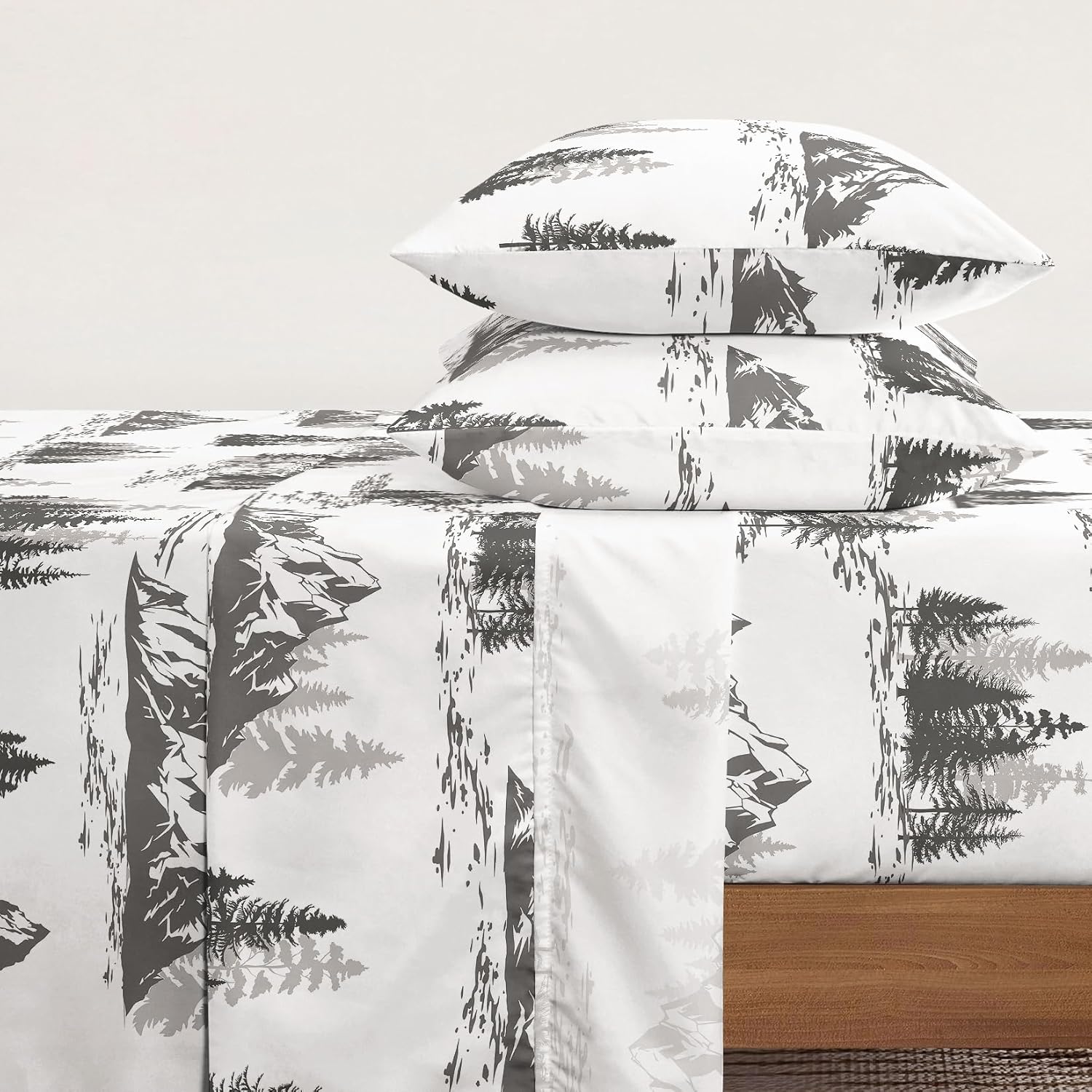 Wake In Cloud - Rustic Bed Sheets, 4-Piece Sheet Set, Cabin Forest Woodland Camping Theme with Lodge Mountain Pattern Printed Bedding, Deep Pocket, Grey White, Queen Size