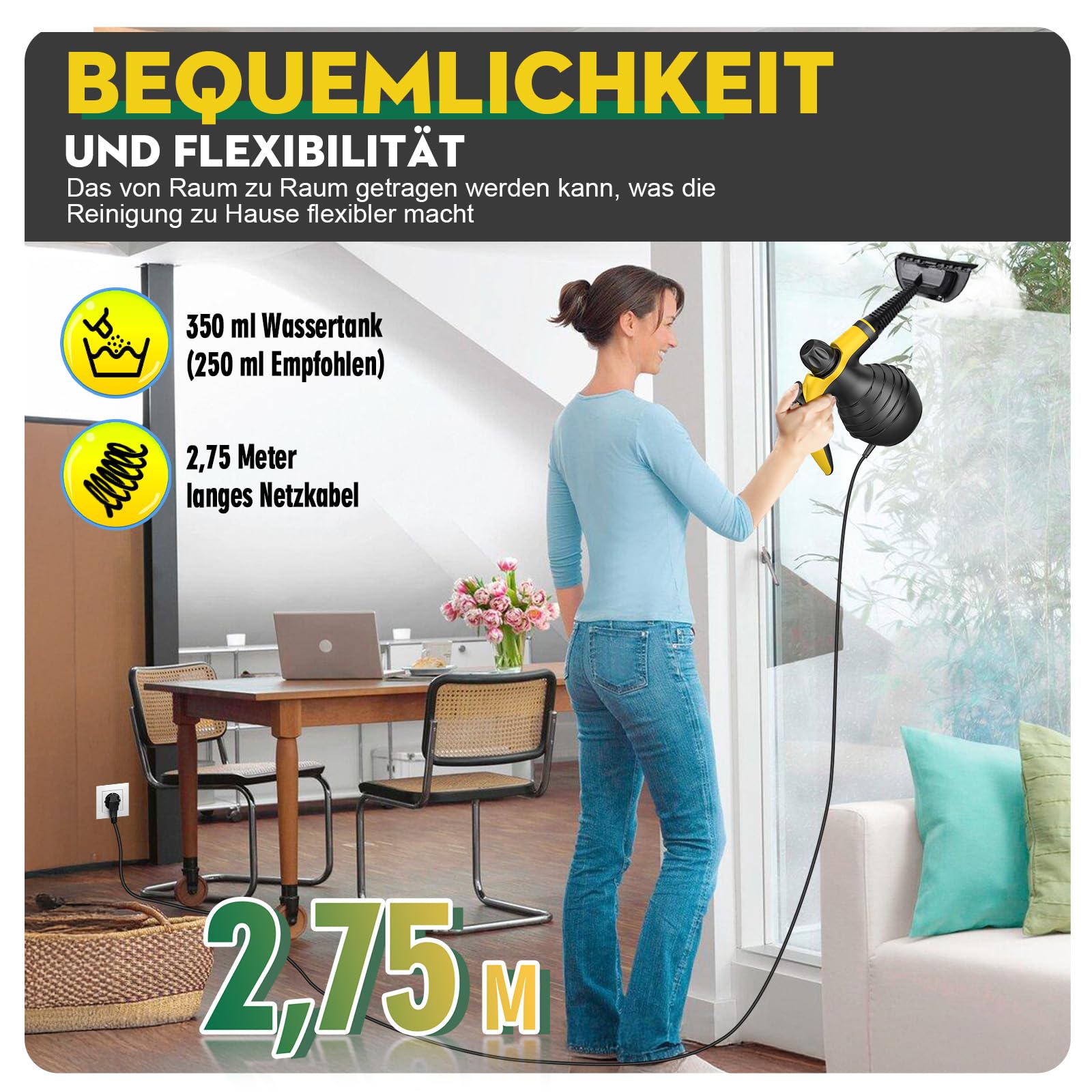 Limpiador A Vapor Portátil 1050W, Steam Cleaner De Mano Alta Presión, Calentamiento Rápido, 9 Accesorios, Sin Químicos, Para Baño, Cocina, Ventanas, Sofá, Tapicería, Juntas, Azulejos, Coche - 5