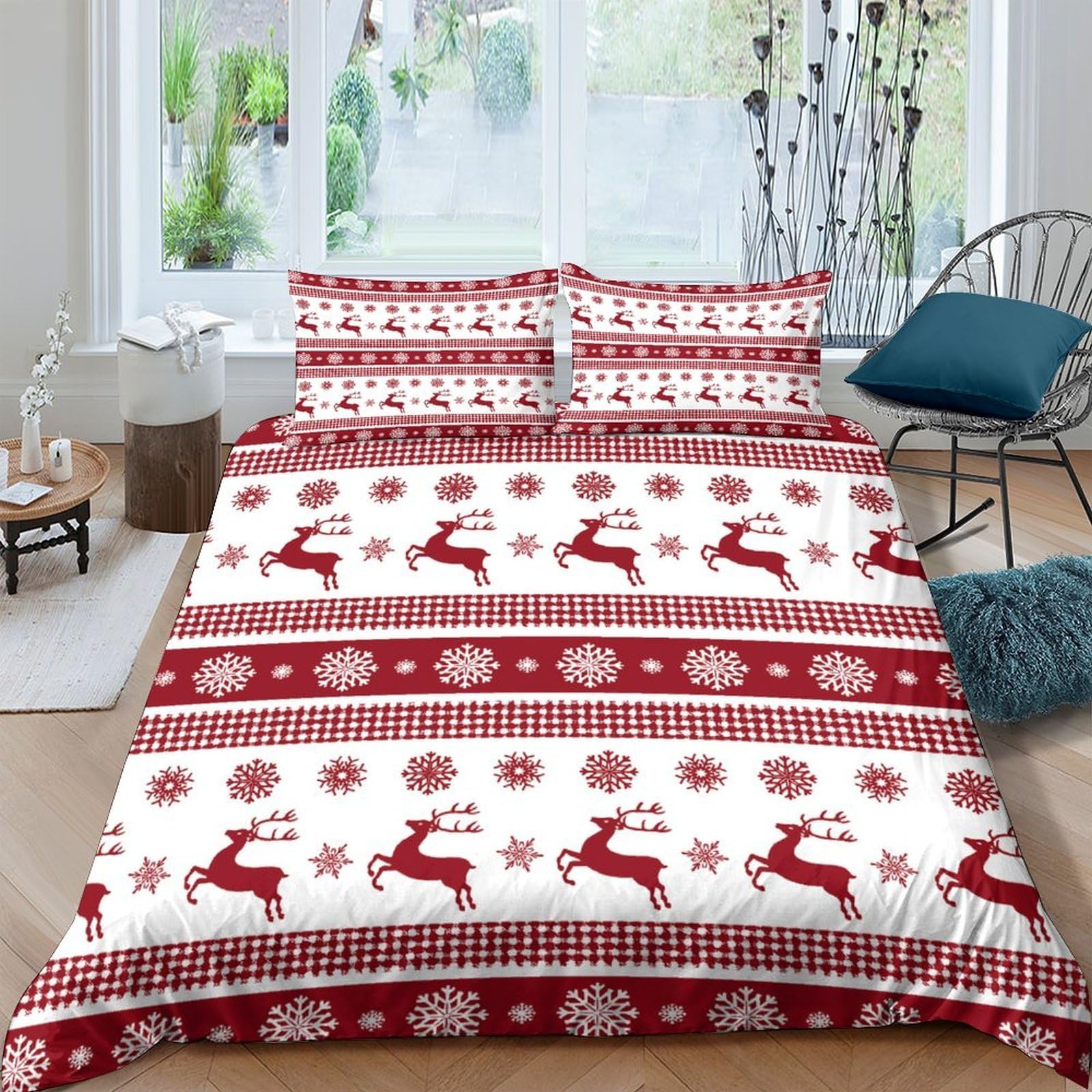 Ctjqhvkz Style-1 3D Printed Red Reindeer Christmas Fitted Sheet Microfiber Soft Bed Cover Nordic Snowflake Mattress Protector For Bedroom Guest Room Single（135X200cm）